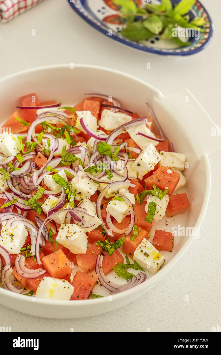 Wassermelone und Feta Käse Salat Stockfoto
