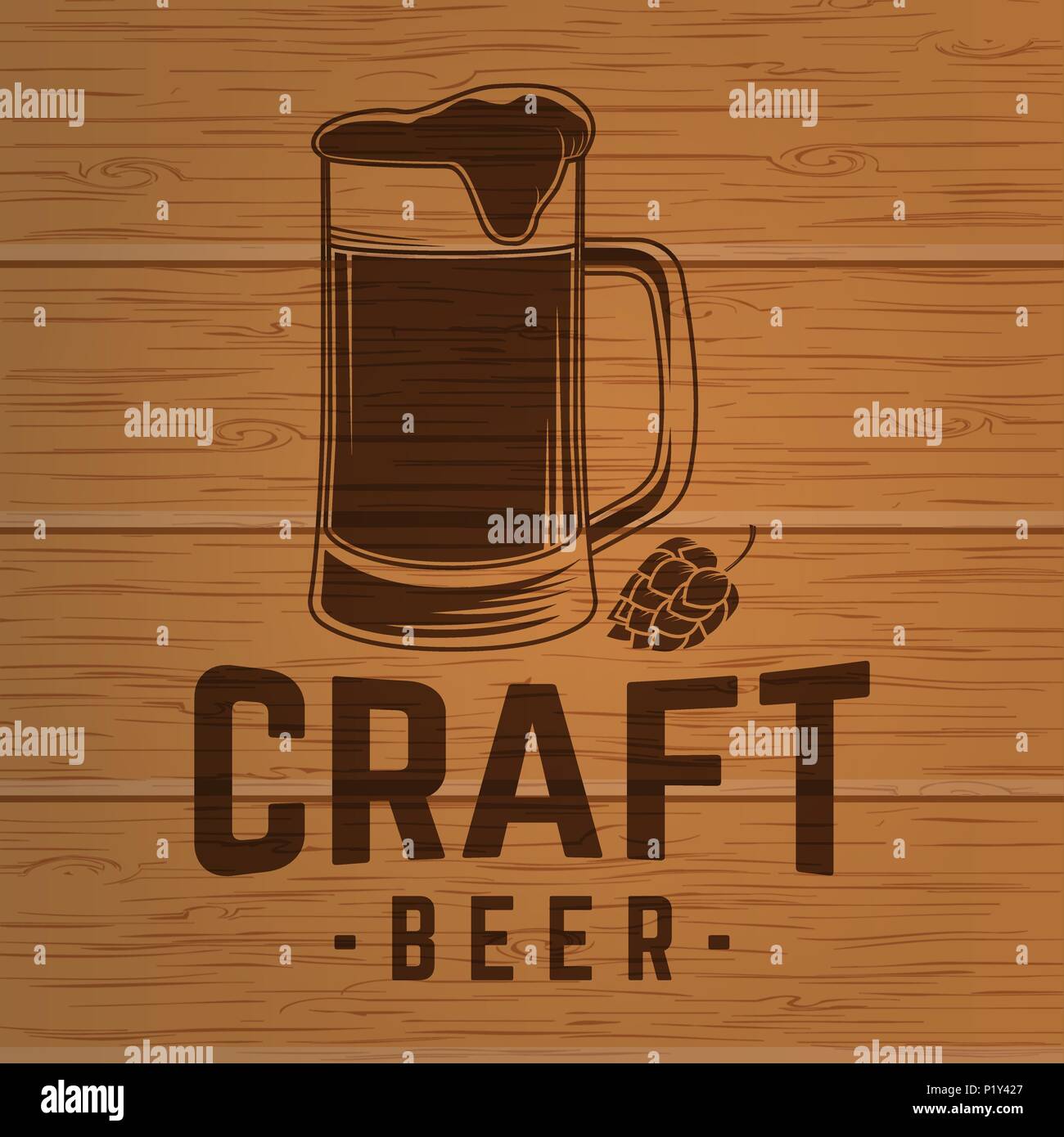 Handwerk Bier Abzeichen. Vector Illustration. Vintage Design für eine Bar, ein Pub und ein Restaurant. Fotorealistische Holz graviert Handwerk Bier Design. Stock Vektor