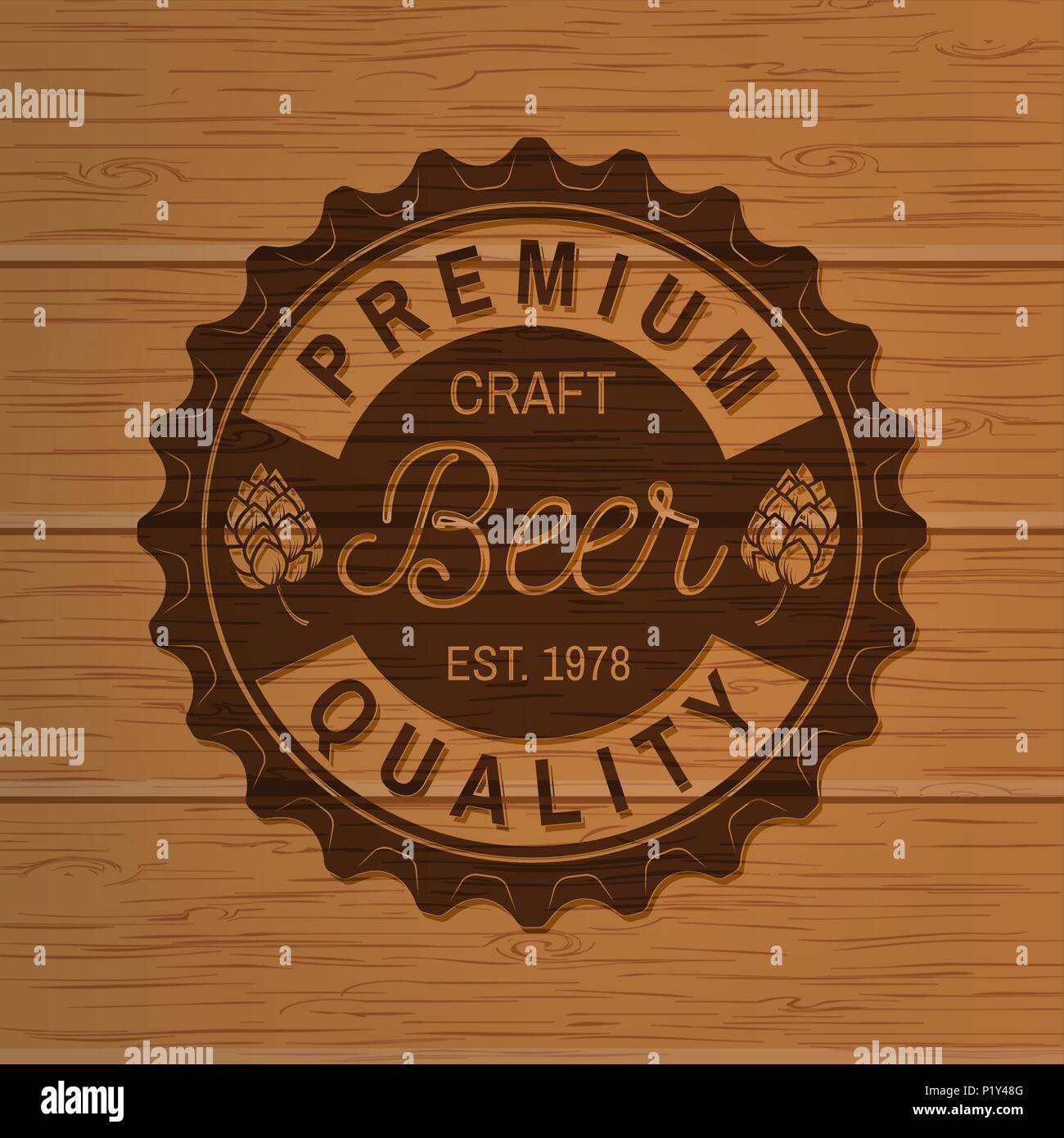 Handwerk Bier Abzeichen. Vector Illustration. Vintage Design für eine Bar, ein Pub und ein Restaurant. Fotorealistische Holz graviert Handwerk Bier Design. Stock Vektor