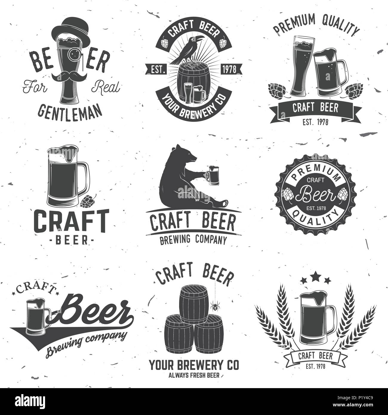 Satz von Handwerk Bier Abzeichen mit Hopfen und Tragen. Vector Illustration. Vintage Design für eine Bar, ein Pub und ein Restaurant. Untersetzer für Bier. Stock Vektor