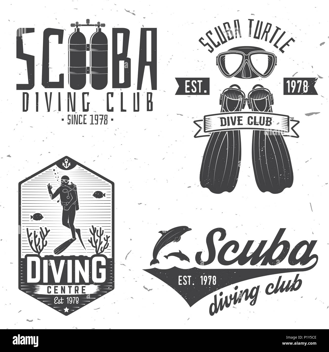 Scuba Diving Club. Vector Illustration. Konzept für Hemd oder Logo, Print, Stempel oder T-Stück. Vintage Typografie Design mit Tauchausrüstung Silhouette. Stock Vektor