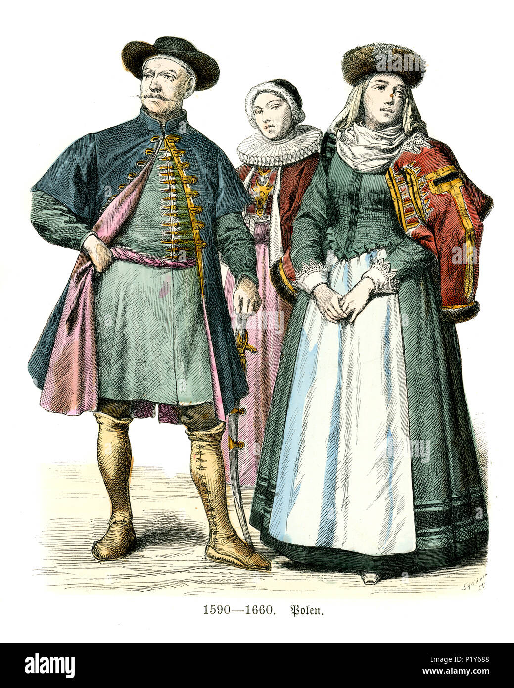 Vintage Gravur der Geschichte der Mode, Kostüme von Polen, 17. Kleid von polnischen Frauen und Männer Stockfoto