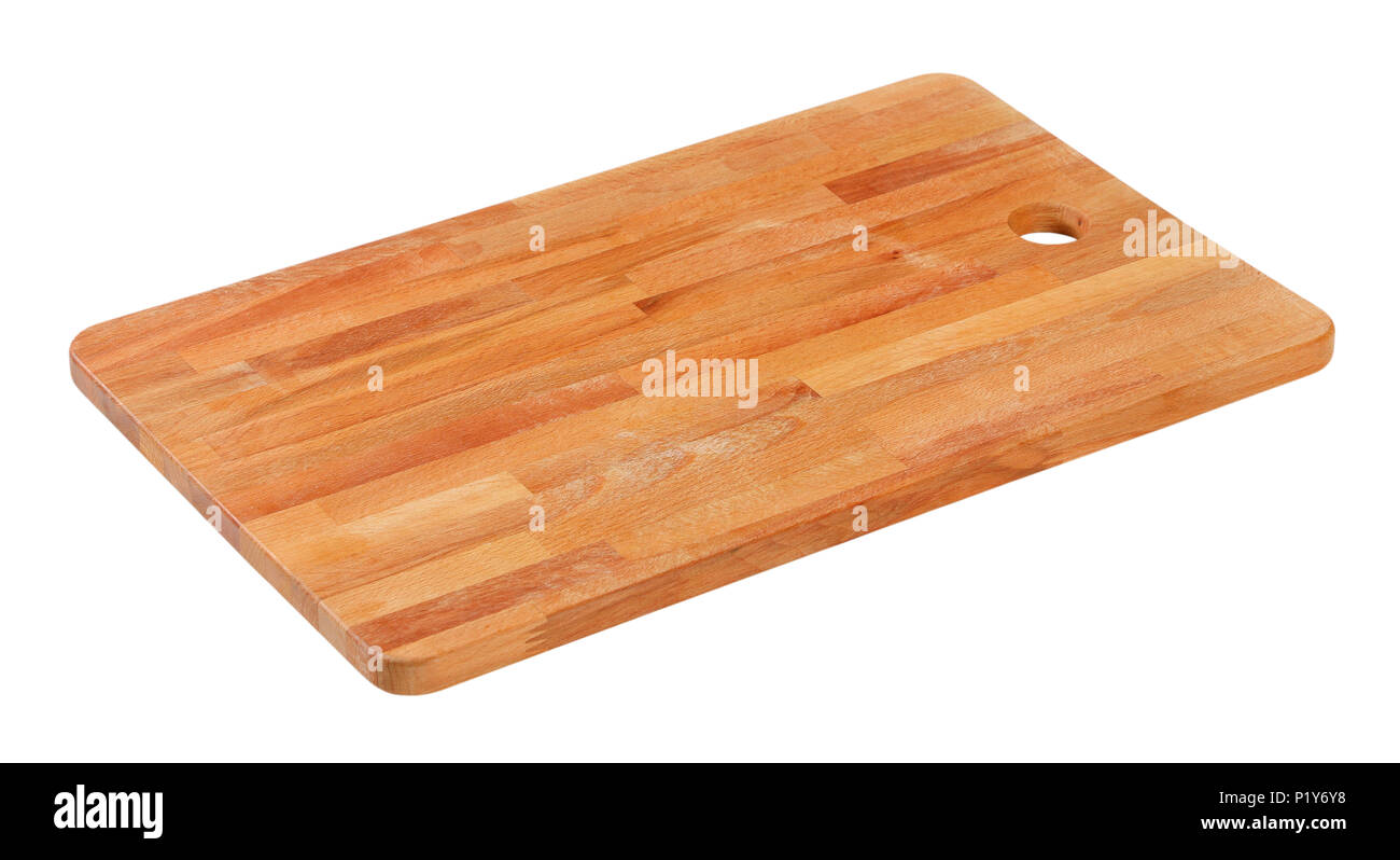 Holz Schneidebrett mit Loch auf weißem Hintergrund Stockfoto
