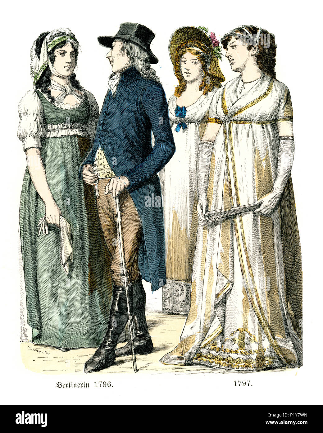 Vintage Gravur der Geschichte der Mode, Kostüme in Deutschland Ende des 18. Jahrhunderts, Berlin Stockfoto