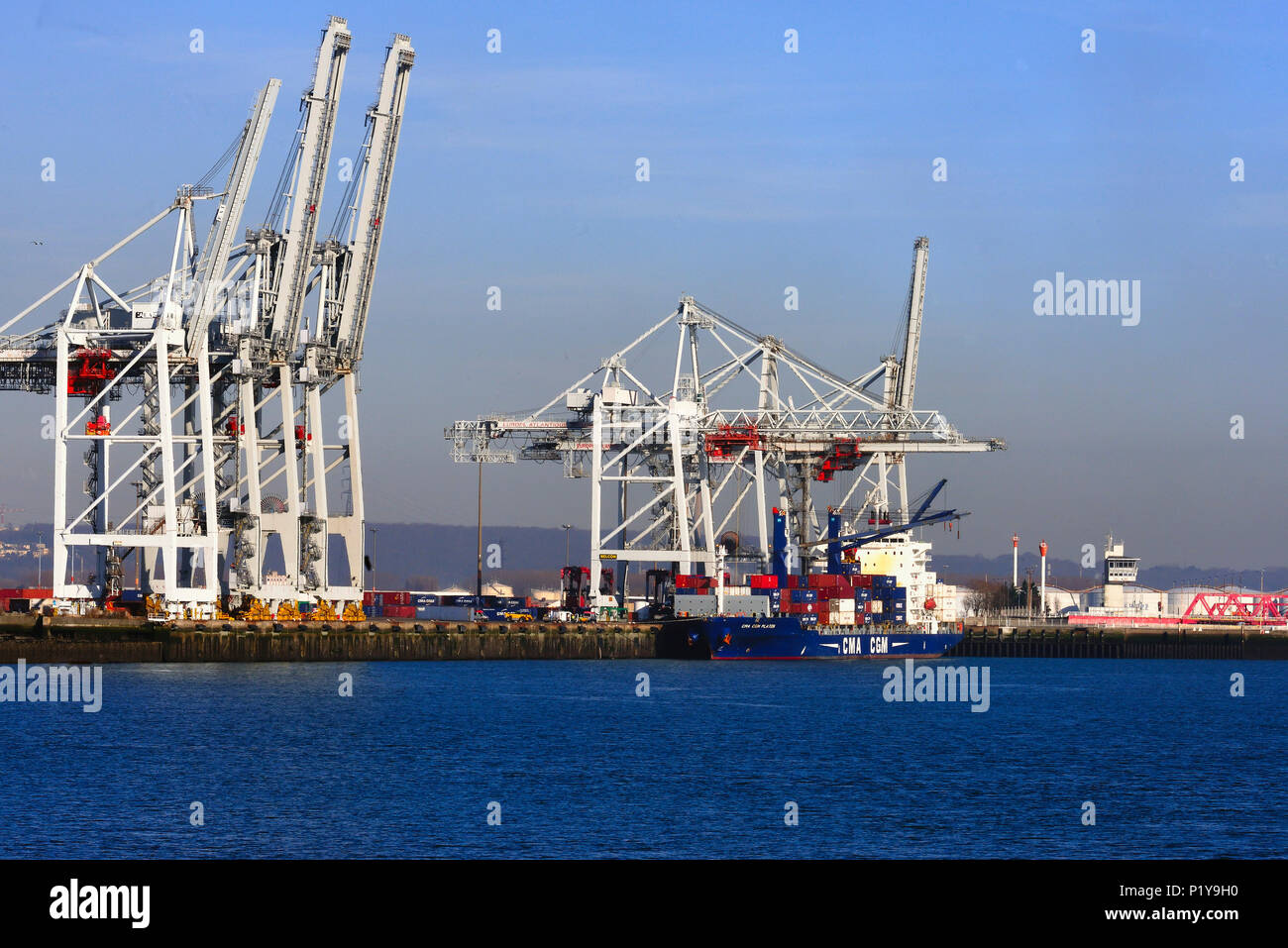 Frankreich, Frankreich, Hafen von Le Havre (Port 2000), Be- und Entladen von Containern, Portale in Aktivität Stockfoto