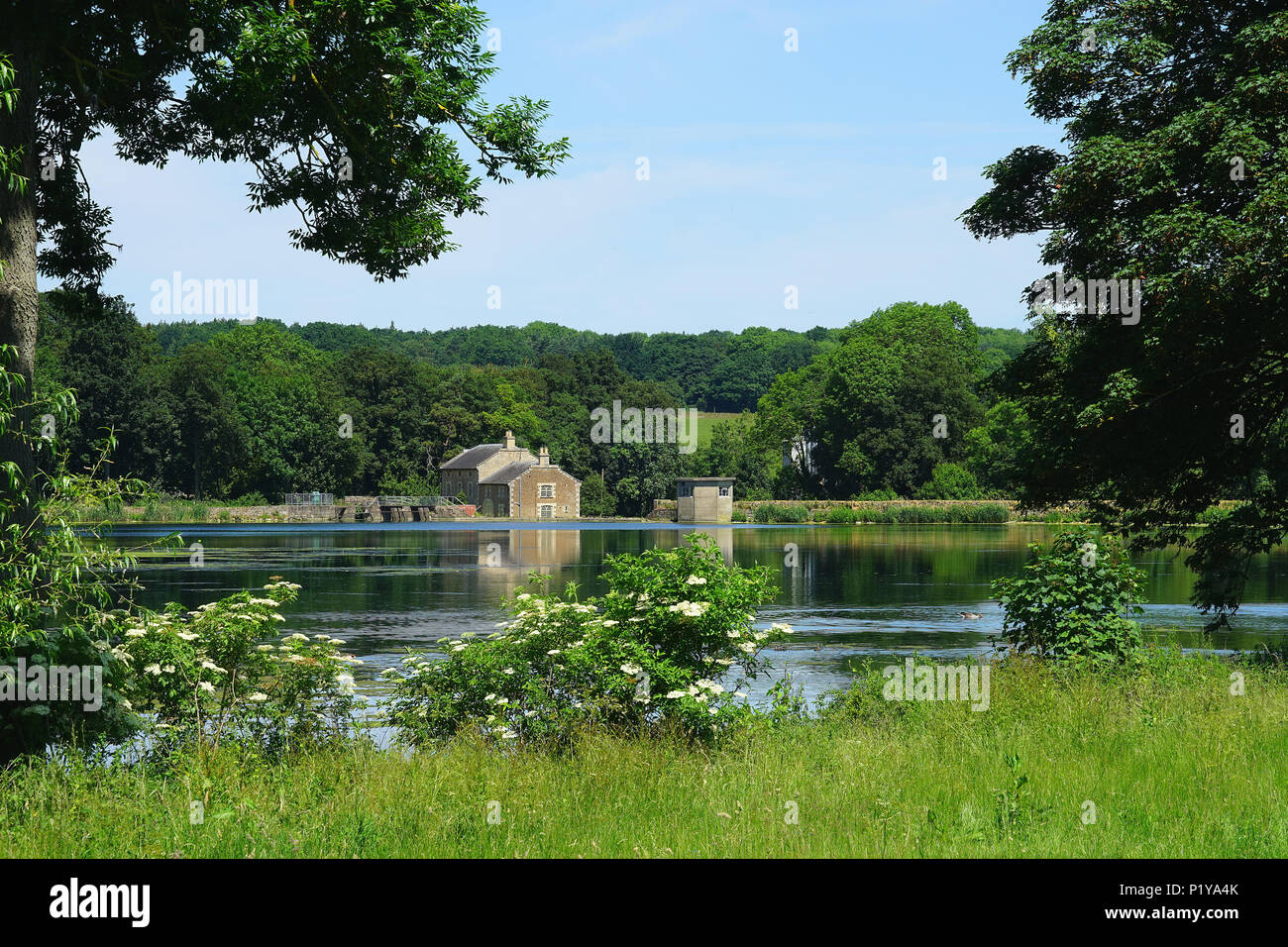 Blick auf die Mühle auf blatherwycke See Stockfoto