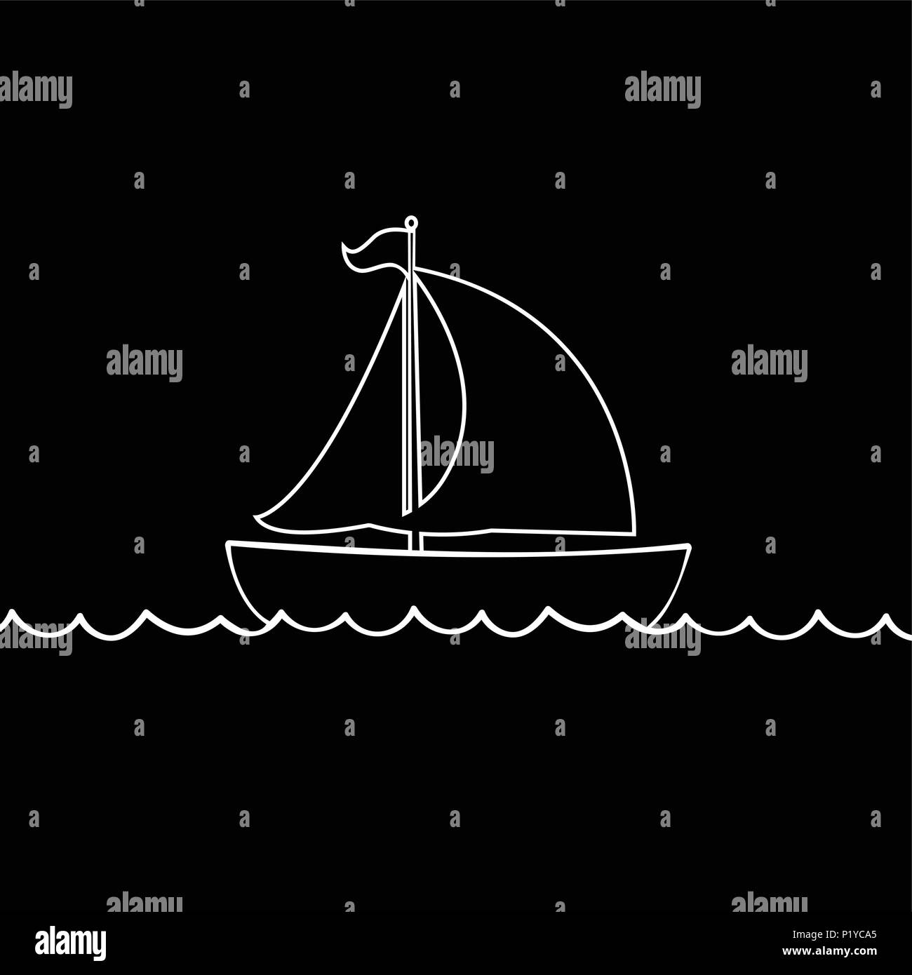 Vektor weiße Kontur outline silhouette Abbildung: Segelschiff Transport schwimmend auf Wellen des Meeres. Yacht Boot Symbol isoliert auf Schwarz backgroun Stock Vektor