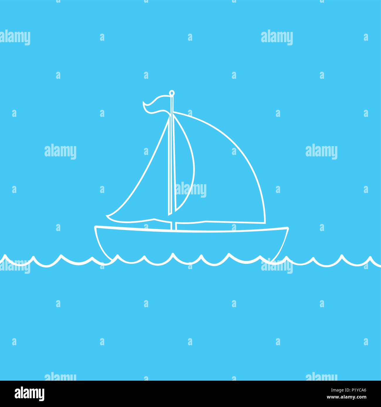 Vektor weiße Kontur outline silhouette Abbildung: Segelschiff Transport schwimmend auf Wellen des Meeres. Yacht Boot Symbol auf blauem Hintergrund isoliert Stock Vektor