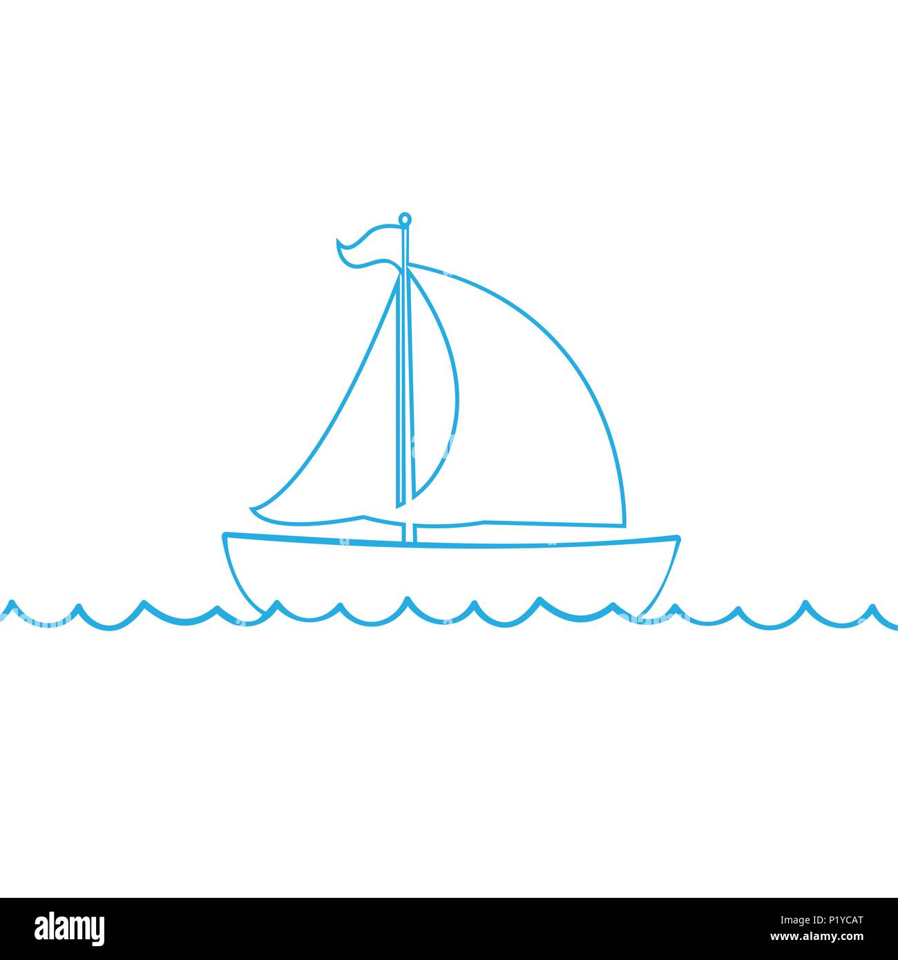 Vektor blaue Kontur outline silhouette Abbildung: Segelschiff Transport schwimmend auf Wellen des Meeres. Yacht Boot Symbol auf weißem Hintergrund Stock Vektor