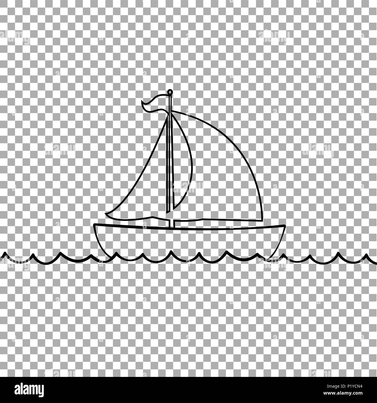 Vector schwarz Kontur outline silhouette Abbildung: Segelschiff Transport schwimmend auf Wellen des Meeres. Yacht Boot Symbol auf transparente Bac isoliert Stock Vektor
