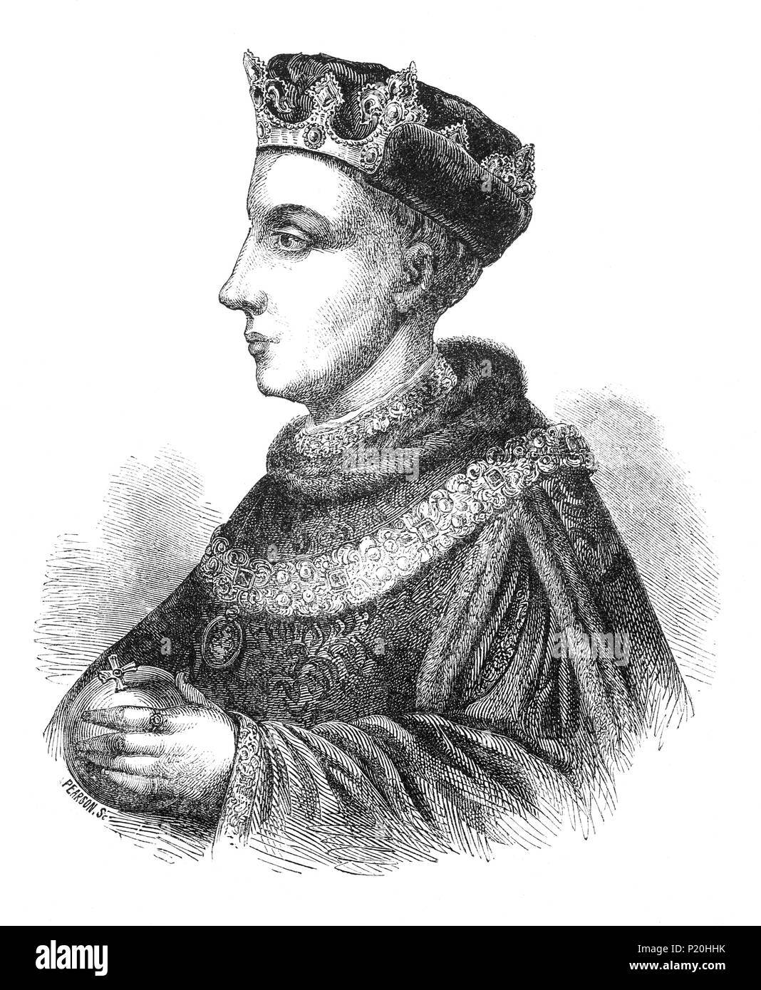 Ein Porträt von Henry V (1386-1422), König von England von 1413 bis zu seinem Tod im Alter von 36 Jahren 1422 und die zweite englische Monarch Des Hauses Lancaster. Er kam in einen politischen Konflikt mit seinem Vater, Heinrich IV., dessen Gesundheit prekär wurde und damit begonnen, von öffentlichen Funktionen zurückzuziehen. Auf der King, Henry V behauptet die anstehenden Englischen Ansprüche auf den französischen Thron und in 1415, Henry schiffte sich auf Krieg mit Frankreich in der laufenden Hundertjährigen Krieg (1337 - 1453) zwischen den beiden Nationen. Stockfoto