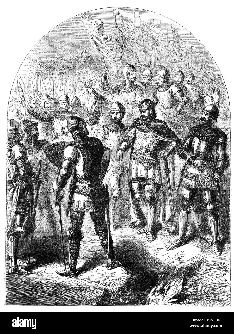 Die Schlacht von Agincourt, 25. Oktober 1415, war einer der wichtigsten englischen Sieg im Hundertjährigen Krieg, etwa 40 km südlich von Calais. Die Schlacht ist bekannt für die Verwendung des englischen Langbogen in großer Zahl, mit der englischen und walisischen Bogenschützen, die bis zu 80 Prozent von Henry's Army. Die Dezimierung der französischen Kavallerie auf ihre Hände als Indikator für den Rückgang der Kavallerie und der Beginn der Dominanz der Waffen auf dem Schlachtfeld reichten betrachtet. Stockfoto