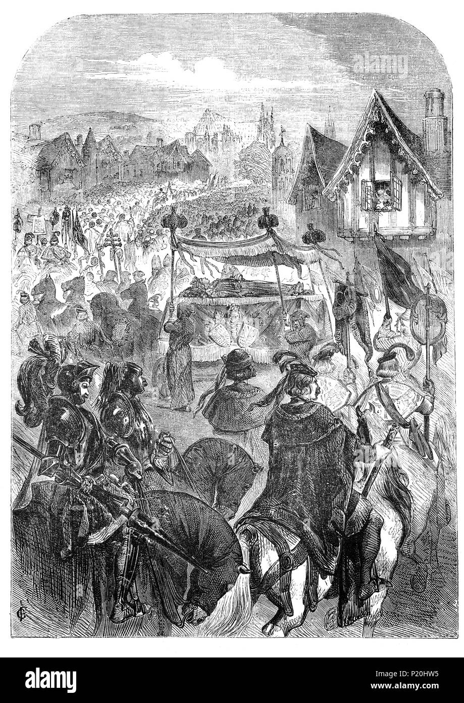 Im Oktober 1422 Henry's V seine Truppen belagerten Meaux, im Großraum von Paris, Frankreich, sie am 2. Mai 1422. Innerhalb von 4 Monaten König Heinrich V war tot. Er starb plötzlich am 31. August 1422 im Château de Vincennes, anscheinend von Ruhr, die er während der Belagerung von Meaux abgeschlossen hatte. Er war 36 Jahre alt und seit neun Jahren regiert hatte. Henry's Mitstreiter brachte seinen Körper zurück zu England und trug die Royal Standard bei seiner Beerdigung. Henry V wurde in der Westminster Abbey begraben am 7. November 1422. Stockfoto