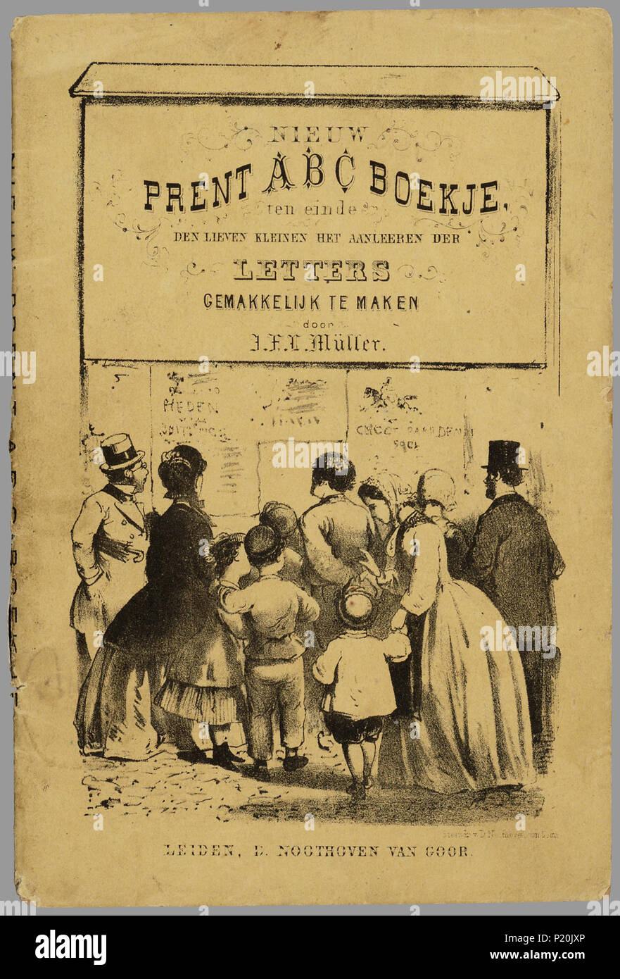 . Nieuw Prent ABC boekje: Zehn einde den Lieven gestorben sind Het aanleeren der Buchstaben gemakkelijk te maken/Tür J.F.L. Müller. Namen abc - boek met twee Briefe pro blad, met daarbij afbeeldingen op een grijsblauwe Achtergrond, vier verschillende lettertypen en een Regel Text. De Namur zijn: Anton, Betje, Chris, Daatje, Emma, Frans, Grietje, Hein, Ida, Jan, Klaas, Barthold, Mietje, Nina, Otto, Pietje, Roosje, Suze, Thomas, Ursel, Victor, Wimpje, Ysbrand, Zwaantje. Bevat onder Meer afbeeldingen van vliegeren, schaatsen, een bokkenwagen, Winkels, het Strand, Spel, Les, Zeilen en obenan. // 2 e dr. Stockfoto