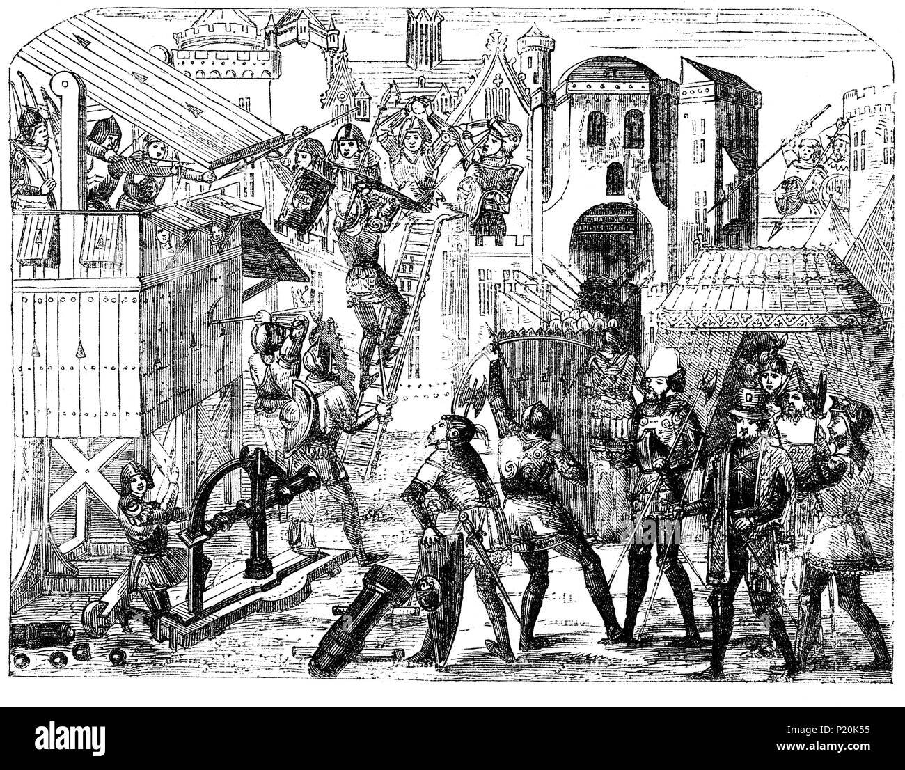 Eine französische Stadt, die von englischen Truppen während des Hundertjährigen Krieges belagert. Eine typische 15. Jahrhundert Belagerung war eine militärische Blockade einer Stadt oder Festung, mit der Absicht, von der Eroberung durch Abnutzung oder eine gut vorbereitete Angriff. Es ging um das Ziel der Bereitstellung von Lieferungen und der Verstärkung oder der Flucht der Truppen, mit Versuchen, die befestigungsanlagen durch Belagerungsmaschinen, Artilleriefeuer, Bergbau (auch bekannt als Kräftezehrende), oder die Verwendung von Täuschung und Verrat Schutzmechanismen zu umgehen zu reduzieren gekoppelt zu blockieren Stockfoto