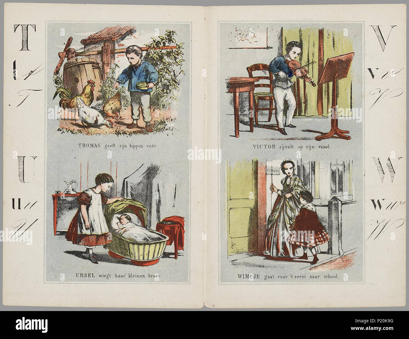 . Nieuw Prent ABC boekje: Zehn einde den Lieven gestorben sind Het aanleeren der Buchstaben gemakkelijk te maken/Tür J.F.L. Müller. Namen abc - boek met twee Briefe pro blad, met daarbij afbeeldingen op een grijsblauwe Achtergrond, vier verschillende lettertypen en een Regel Text. De Namur zijn: Anton, Betje, Chris, Daatje, Emma, Frans, Grietje, Hein, Ida, Jan, Klaas, Barthold, Mietje, Nina, Otto, Pietje, Roosje, Suze, Thomas, Ursel, Victor, Wimpje, Ysbrand, Zwaantje. Bevat onder Meer afbeeldingen van vliegeren, schaatsen, een bokkenwagen, Winkels, het Strand, Spel, Les, Zeilen en obenan. // 2 e dr. Stockfoto