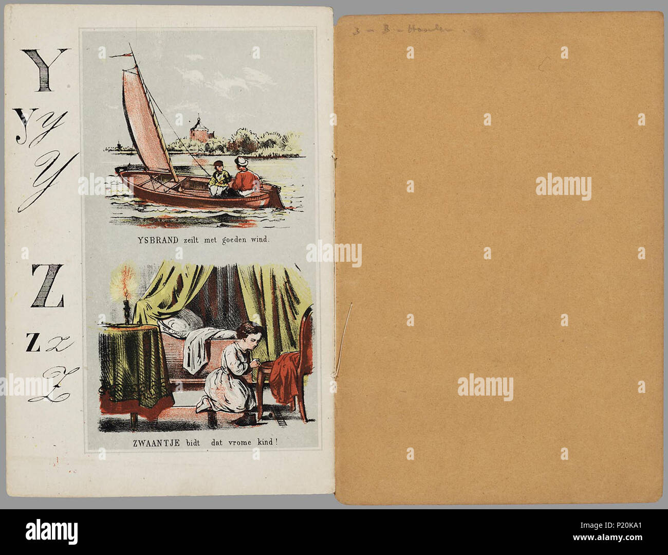 . Nieuw Prent ABC boekje: Zehn einde den Lieven gestorben sind Het aanleeren der Buchstaben gemakkelijk te maken/Tür J.F.L. Müller. Namen abc - boek met twee Briefe pro blad, met daarbij afbeeldingen op een grijsblauwe Achtergrond, vier verschillende lettertypen en een Regel Text. De Namur zijn: Anton, Betje, Chris, Daatje, Emma, Frans, Grietje, Hein, Ida, Jan, Klaas, Barthold, Mietje, Nina, Otto, Pietje, Roosje, Suze, Thomas, Ursel, Victor, Wimpje, Ysbrand, Zwaantje. Bevat onder Meer afbeeldingen van vliegeren, schaatsen, een bokkenwagen, Winkels, het Strand, Spel, Les, Zeilen en obenan. // 2 e dr. Stockfoto