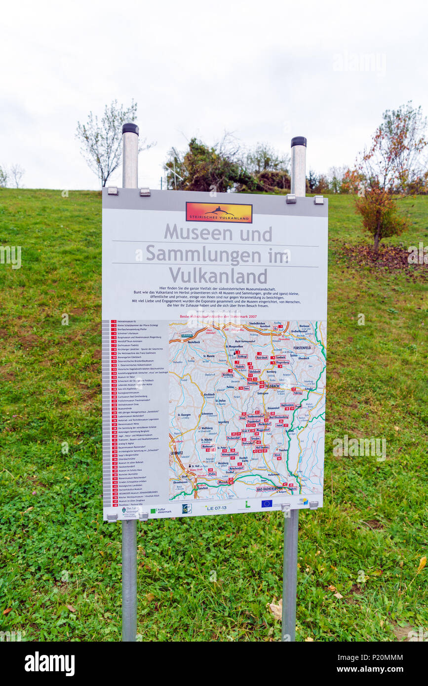 Graz, Österreich - Oktober 23, 2017: Karte der Sehenswürdigkeiten im südlichen Österreich, das sogenannte Land der Vulkane in der Steiermark Stockfoto