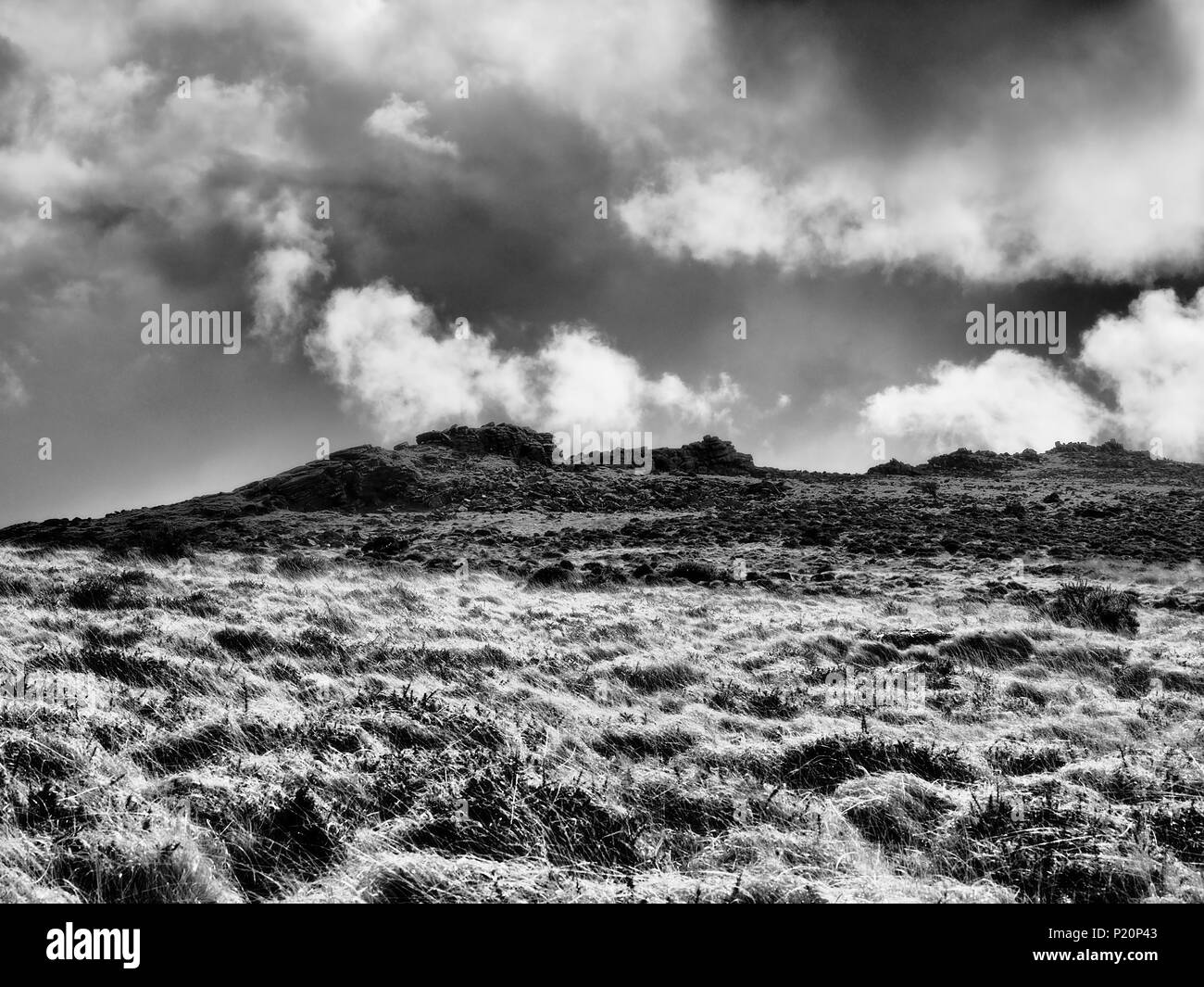 Monochromes Bild von robusten Felsvorsprung Tor auf moorland Hügel mit dunklen Wolken über Rollen, Nationalpark Dartmoor, Devon, Großbritannien Stockfoto
