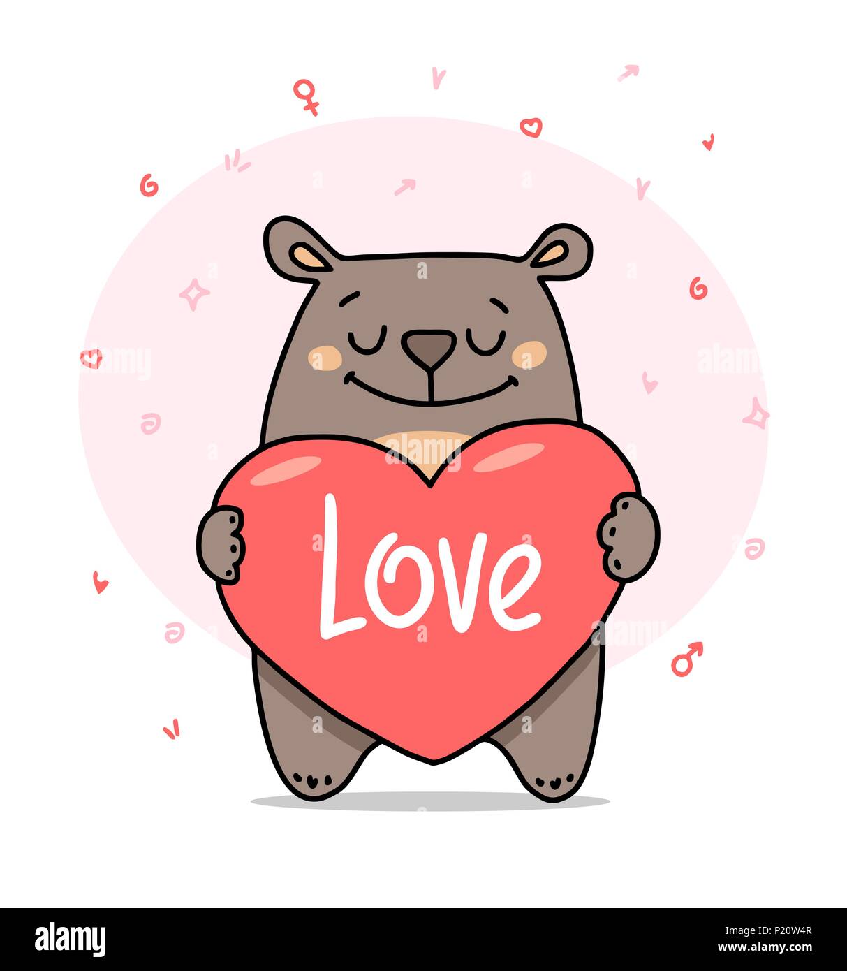 Cute cartoon Teddybär hält grosse rosa Herz in Händen. Happy Valentine's Day liebe Flachbild Vektor Karte Stock Vektor