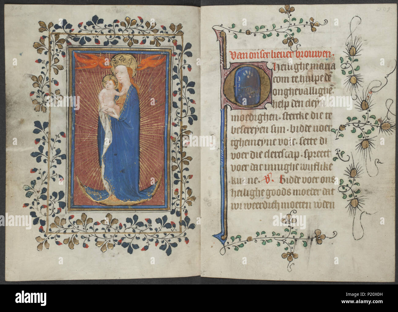 . Buch der Stunden vom Meister des Zweder van Culemborg - KB 79 K 2-Folios 104v (links) und 105 r (rechts). Linken seite Folio 104v und rechten Seite Folio 105 r aus dem Buch von Stunden durch Master (s) von Zweder van Culemborg Illuminationen auf der linken Folio 104v Die ganzseitige Miniatur zeigt Madonna: Maria auf der Mondsichel, die Christus-kind Madonna auf die Sichel des Mondes (manchmal auch als Königin des Himmels) (mandorla) (+ Engel, die in der Luft schweben) (11F 4132 (+31)) Angel (s) mit anderen Objekt (s), z.b. Waffen (11G1926) Engel Krönung und/oder die Palm-Branchen (+ Variante) Stockfoto