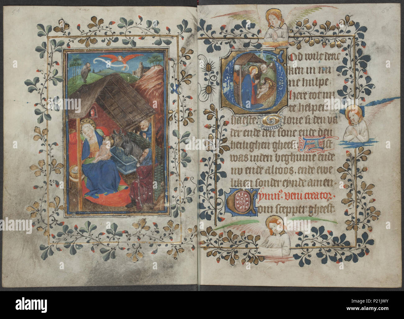 . Buch der Stunden vom Meister des Zweder van Culemborg - KB 79 K 2-Folios 027v (links) und 028 r (rechts). Linken seite Folio 027v und rechten Seite Folio 028 r aus dem Buch von Stunden durch Master (s) von Zweder van Culemborg Illuminationen auf der linken Folio 027v Die ganzseitige Miniatur zeigt die Krippe: Maria sitzt, halten das Christuskind; St. Joseph; Verkündigung der Geburt Christi an die Hirten (Hintergrund) Verkündigung der Geburt Christi an die Hirten (und/oder shepherdesses) bei Nacht; eine Vielzahl von singenden Engeln in der Luft (73 B 14) die Anbetung des Christus - Kind durch die Hirten, Maria und Stockfoto