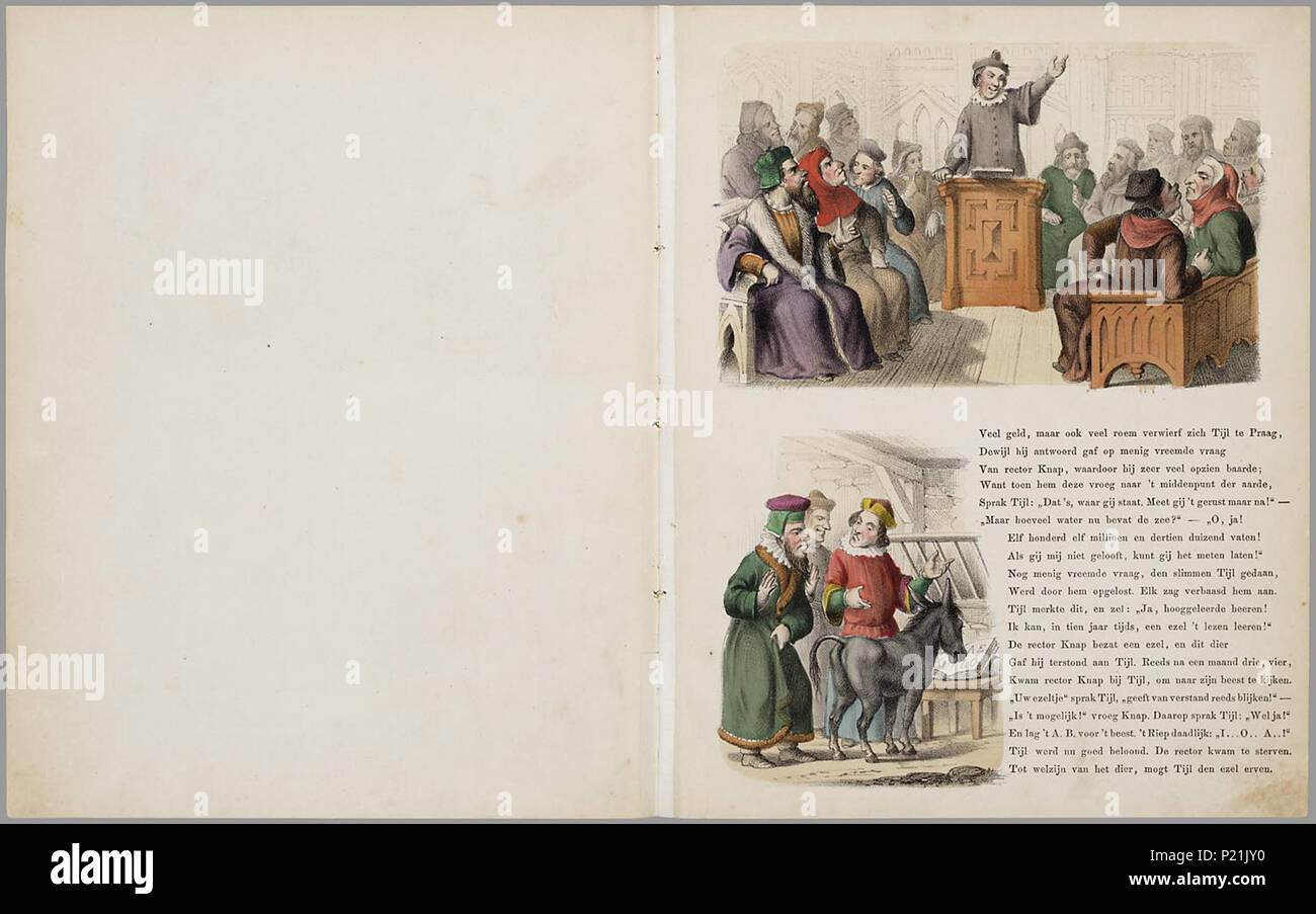 . Till Eulenspiegel/geteekend Tür J.W.A. Hilverdink. Prentenboek met identieke voorkant en titelpagina, voorzien van een afbeelding van Tijl en een geïllustreerde sierrand. Op elk blad staan Twee der drie handgekleurde litho Boven en naast de rijmende Text, sterben naar gelang de Länge van de Text in een groter von kleiner lettertype ist Gedrukt. Tijl heeft altijd probeert geldgebrek, diverse beroepen uit, reist naar Neurenberg en Praag en haalt overal zijn streken uit. 19 Bl: handgekl. Kranke//De keerzijde der bladen ist onbedrukt//Gecart. : F 1,80 Volksverhalen ////Rijm Schelmenverhalen Stockfoto