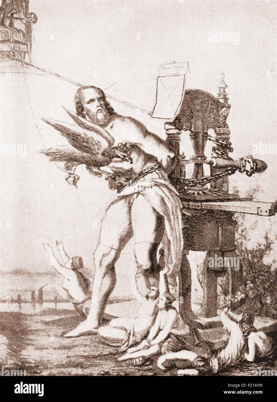 . Englisch: Politische Karikatur zeigt Karl Marx als Prometheus, gefesselt zu einer Druckpresse, während die Adler von der Preußischen Zensur Rips aus seine Leber als Figuren, die für die Bürger von Rheinland erfolglos um Gnade flehen. März 1843 veröffentlicht. 1843. Anonym 190 Marx als Prometheus, 1843 Stockfoto