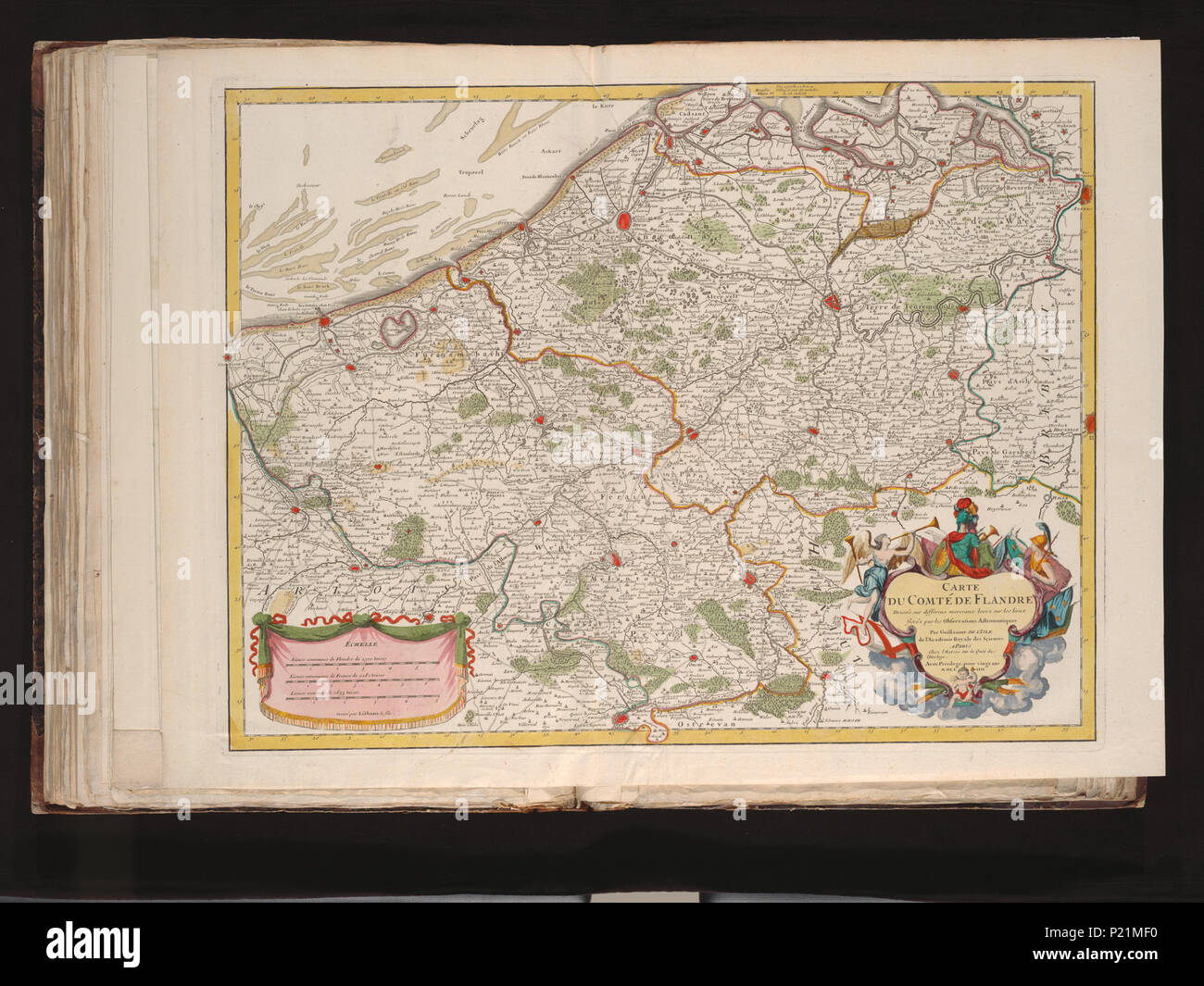 . Carte du Comté de Flandre/dressée sur Unterschied morceaux Levez sur les lieux fixéz par les Beobachtungen astronomiques par Guillaume de L'Isle de l'Academie Royale des Sciences; Lièbaus gravé par le fils. [C. 1:250.000]. 1704. Guillaume Delisle (1675-1726), Liebaux XUBAKZL 12A 8 054, 3/29/12, 9:08 AM, 8 C, 7992 x 10656 (0+0), 100 %% %%, JUNI 2011 PPRO, 1/120 s, R 55.3, G 22.5, B 20.0 189 Karte - Sondersammlungen Universität Amsterdam - OTM - HB-KZL I2A8 (54) Stockfoto