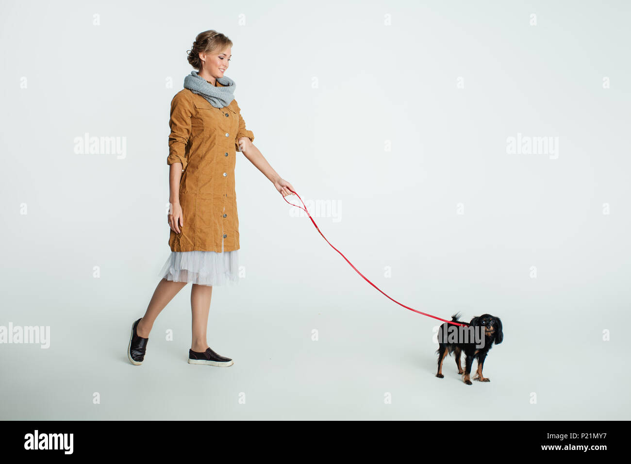 Cute woman Fashion Model mit Hund im Hintergrund Stockfoto