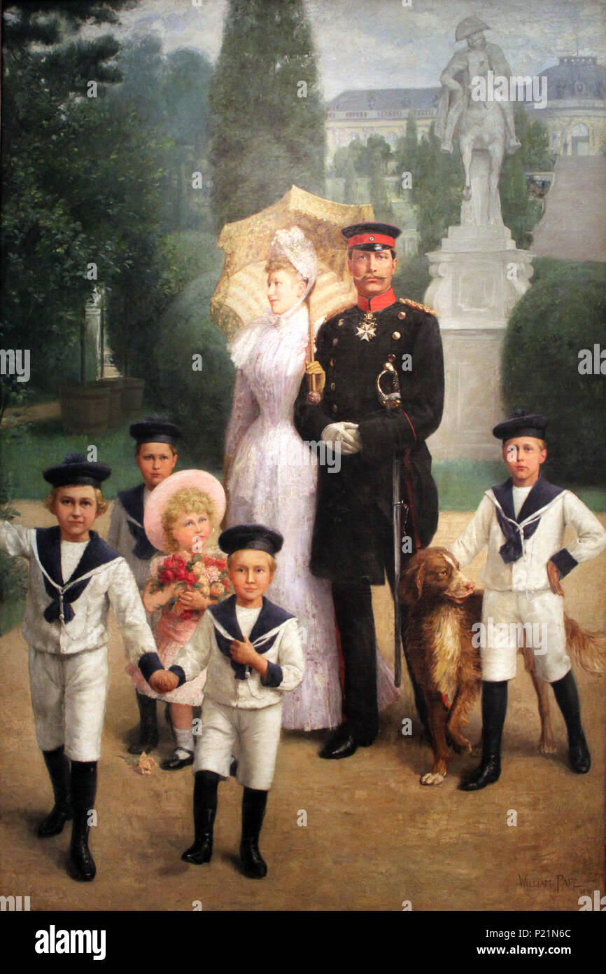 . Englisch: Die königliche Familie im Park Sanssouci: Wilhelm II., der Kaiserin und der älteste Fürsten. Öl auf Leinwand, 270 x 185 cm. In der Deutsches Historisches Museum, Berlin. English: kaiserlichen Familie im Park zu Sanssouci: Wilhelm II., Deutscher Kaiser (1888-1918), die Kaiserin Auguste Viktoria und die fünf ältesten Prinzen sterben. Kronprinz Friedrich Wilhelm Viktor August Ernst (1882-1951), ∞ 1905 Herzogin Cecilie zu Mecklenburg-Schwerin Prinz Wilhelm Eitel Friedrich Christian Karl (1883-1942), ∞ 1906-1926 Herzogin Sophie Charlotte von Oldenburg Prinz Adalbert Ferdinand Berengar (1884-1948), ∞ 1. Stockfoto