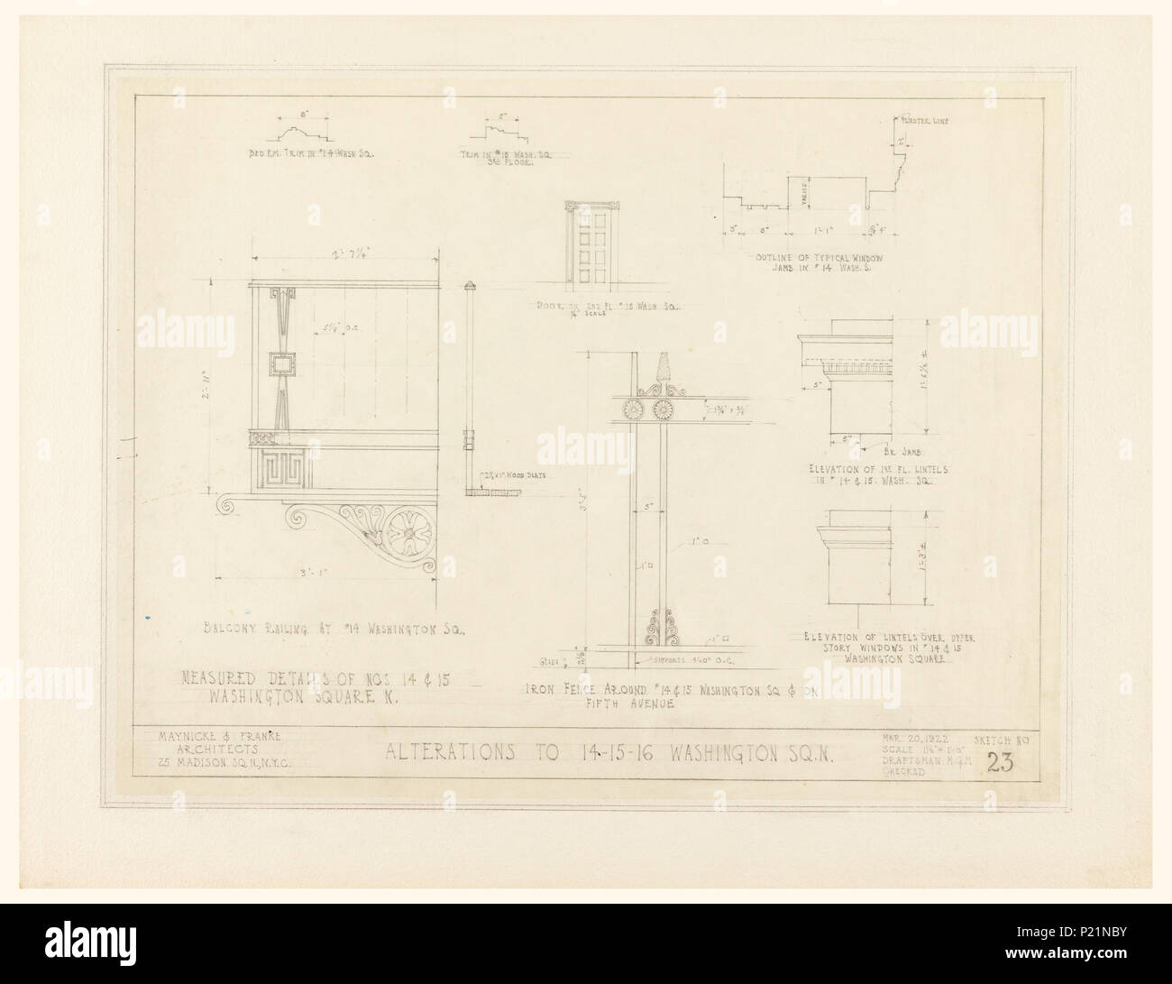 . Englisch: Zeichnung, Änderungen 14-15-16 Washington Square, New York, NY, Skizze Nr. 23, 20. März 1922. Englisch: Zeichnung zeigt mehrere Designs, für die Änderungen von zwei Gebäuden, darunter eine Tür, Balkon, Eisen Zaun, und 2 Geschichte Fenster und 1.Stock Stürze. Es Messungen im gesamten Gebäude. Oben links: BED RM. Verkleidung in #14 WASCHEN SQ., oben Mitte: TRIM IN #15 Waschen. SQ/3. Stock; rechts oben: ÜBERBLICK ÜBER TYPISCHE FENSTER/Pfosten in #14 Waschen. S.; Mitte: TÜR AUF 2 FL #15 WASCHEN SQ. -/1/4"; unten links: gemessene Einzelheiten der Änderungsanträge 14 und 15/WASHINGTON SQUARE N./Balkon Geländer. An #14. Stockfoto