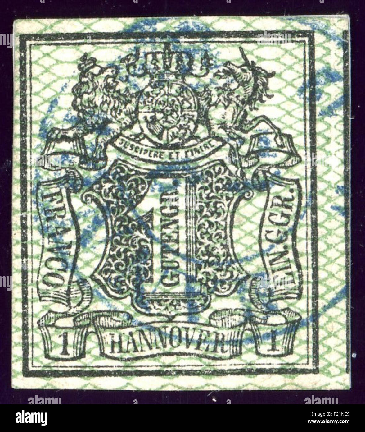 . Englisch: Stempel des Königreichs Hannover, Ausgabe 1856-57, 1 Gutengoschen, Netzwerk von großen grünen Gitter, blau abgebrochen. 17 Oktober 2013, 14:55:31. Culemann 1900 2 1857 Hannover 1 Ggr Mi 9. Stockfoto