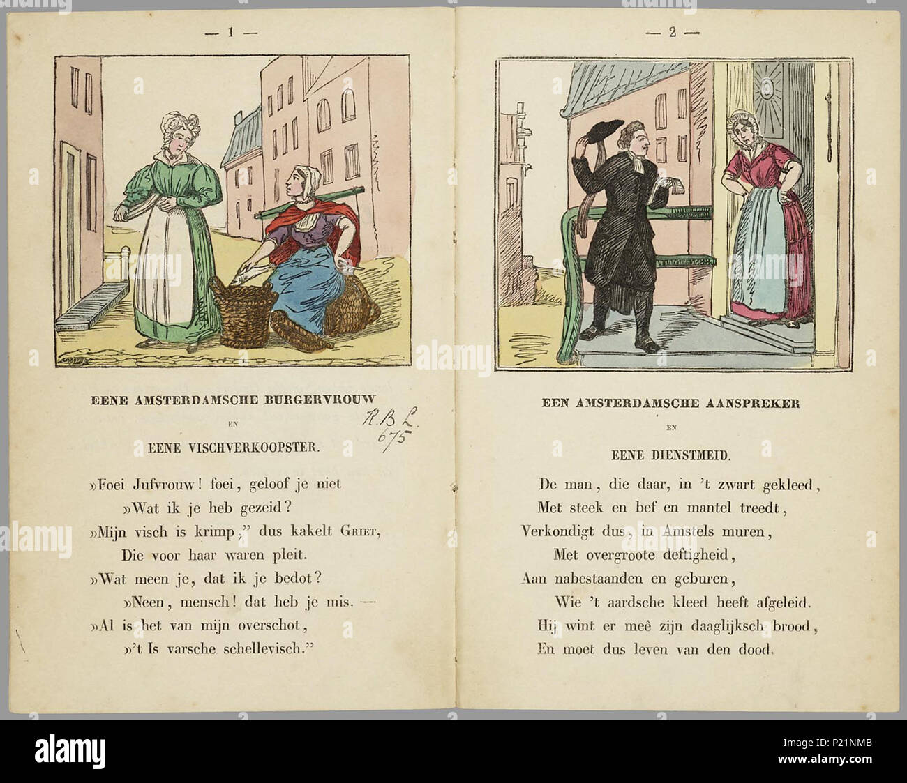 . Nederlandsche kleederdragten: een Geschenk voor knapen en meisjes/van Herr C.P.E. Robidé van der Aa; Met 16 gekleurde plaatjes. Prentenboekje met handgekleurde Gravures (von Litho's?) Op De Bovenste helft van de pagina en daaronder een Titel en een Anzahl regels met rijmende Text. 16 Bl., 2 p: handgekl. Kranke//Uit het voorwoord blijkt dat de getoonde klederdrachten" in onderscheidene oorden des Vaderlands nog in und Branchenvisionär 'zijn // De keerzijde der bladen ist onbedrukt, Namen de Eerste en Laatste / Bevat: Eene Amsterdamsche burgervrouw en eene vischverkoopster; Een Amsterdamsche aanspreke Stockfoto