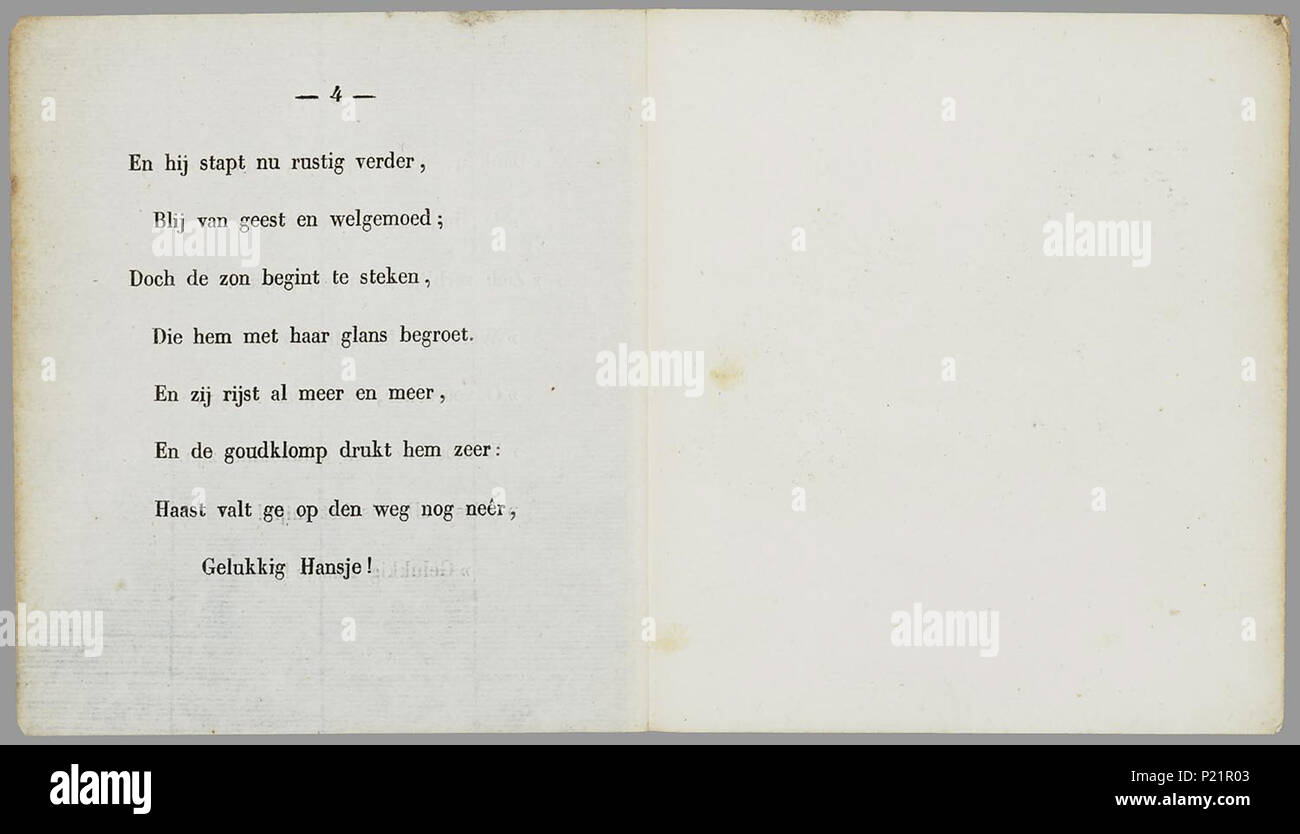 . Hansje: eene vertelling Gelukkig voor Kinderen (184 X)/Tür den Schrijver der Historie van het Huis van Adriaan; 12 Glasplatte met. Rijmvertelling met Rösser een paginagrote Litho (Tiefdruck) bij 2 pagina Text. Hans krijgt zijn Werk als Feucht voor een van zijn goudklomp Baas. Onderweg naar zijn Moeder ruilt hij Het goud voor een Paard, Het Paard voor een Koe, De Koe voor een varken varken, het voor een Gans, de Gans voor Twee stenen van een scharenslijper, en Sterben vallen in een. // 2 e Dr 24 S., 12 Bl.pl: handgekl. Kranke//De keerzijde der illustraties ist onbedrukt//Datering: nicht in Stockfoto