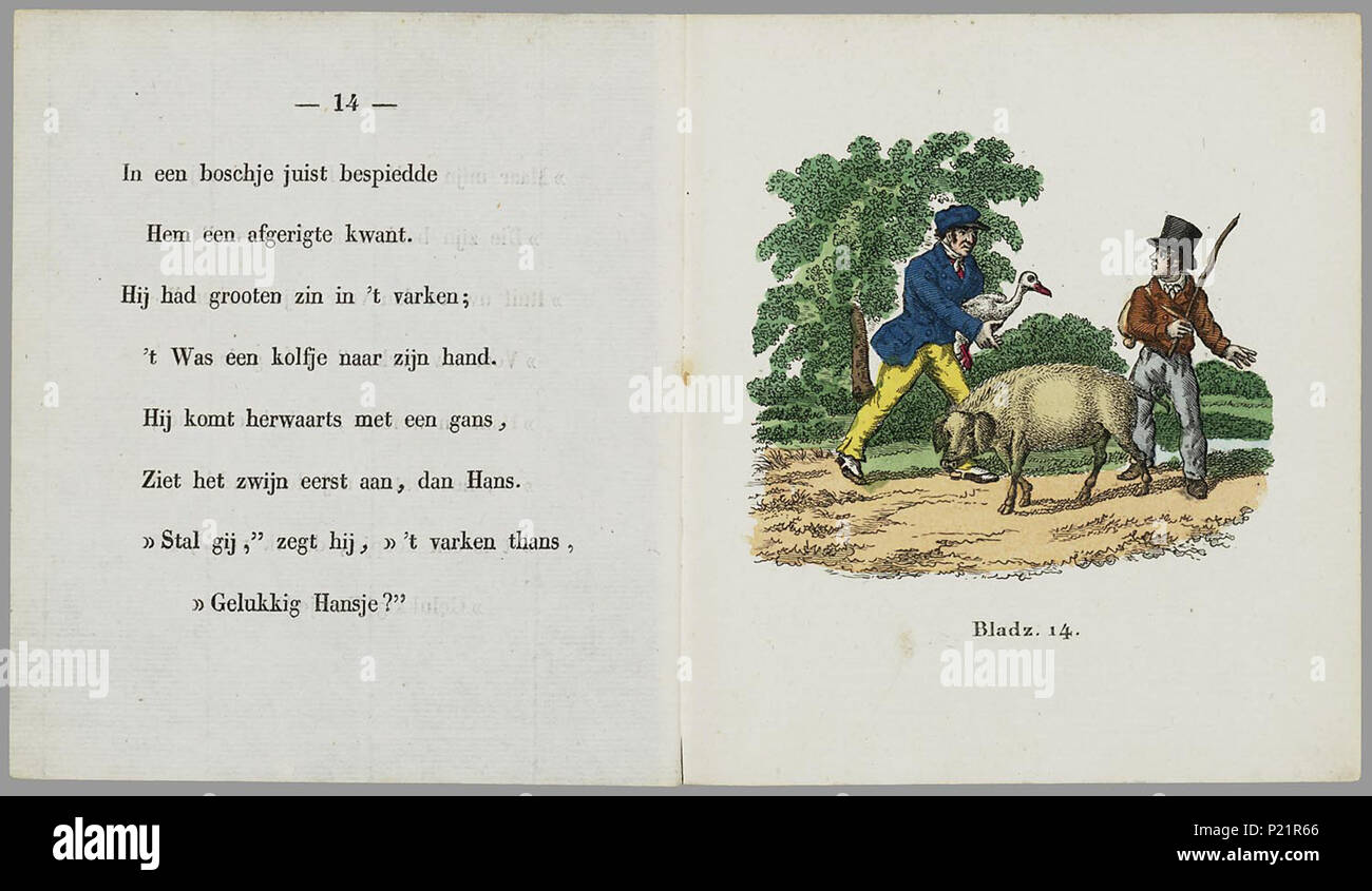 . Hansje: eene vertelling Gelukkig voor Kinderen (184 X)/Tür den Schrijver der Historie van het Huis van Adriaan; 12 Glasplatte met. Rijmvertelling met Rösser een paginagrote Litho (Tiefdruck) bij 2 pagina Text. Hans krijgt zijn Werk als Feucht voor een van zijn goudklomp Baas. Onderweg naar zijn Moeder ruilt hij Het goud voor een Paard, Het Paard voor een Koe, De Koe voor een varken varken, het voor een Gans, de Gans voor Twee stenen van een scharenslijper, en Sterben vallen in een. // 2 e Dr 24 S., 12 Bl.pl: handgekl. Kranke//De keerzijde der illustraties ist onbedrukt//Datering: nicht in Stockfoto