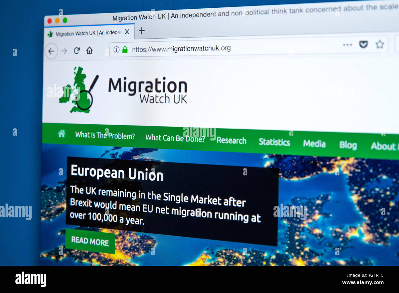 LONDON, UK, 22. Februar 2018: Die Homepage der offiziellen Website für MigrationWatch UK - eine Einwanderung und Asyl Organisation und Think Tank, o Stockfoto