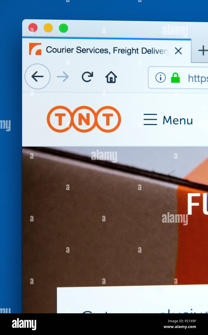 LONDON, UK, 10. Februar 2018: Die Homepage der offiziellen Website für TNT - die Lieferung per Kurier Unternehmen, am 10. Februar 2018. Stockfoto