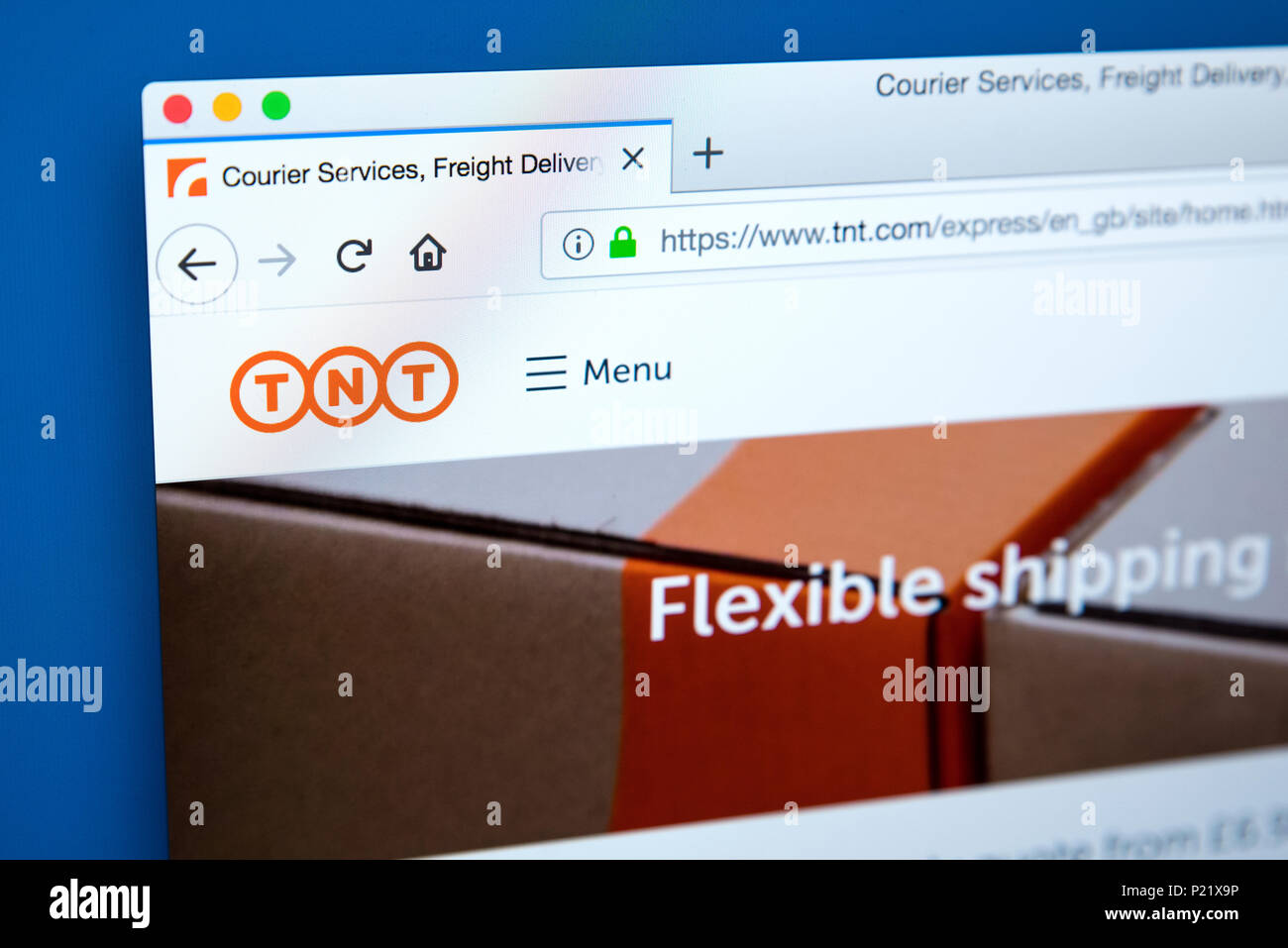 LONDON, UK, 10. Februar 2018: Die Homepage der offiziellen Website für TNT - die Lieferung per Kurier Unternehmen, am 10. Februar 2018. Stockfoto