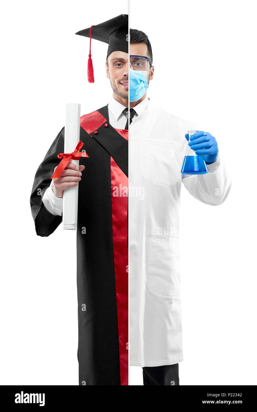 Vergleich der Chemiker und Absolvent der Universität von Outlook. Chemiker tragen chemise Kleid, Atemschutzmaske, Handschuhe, die Becher. Student trägt Schwarz und Rot graduation Kleid, Diplom. Stockfoto