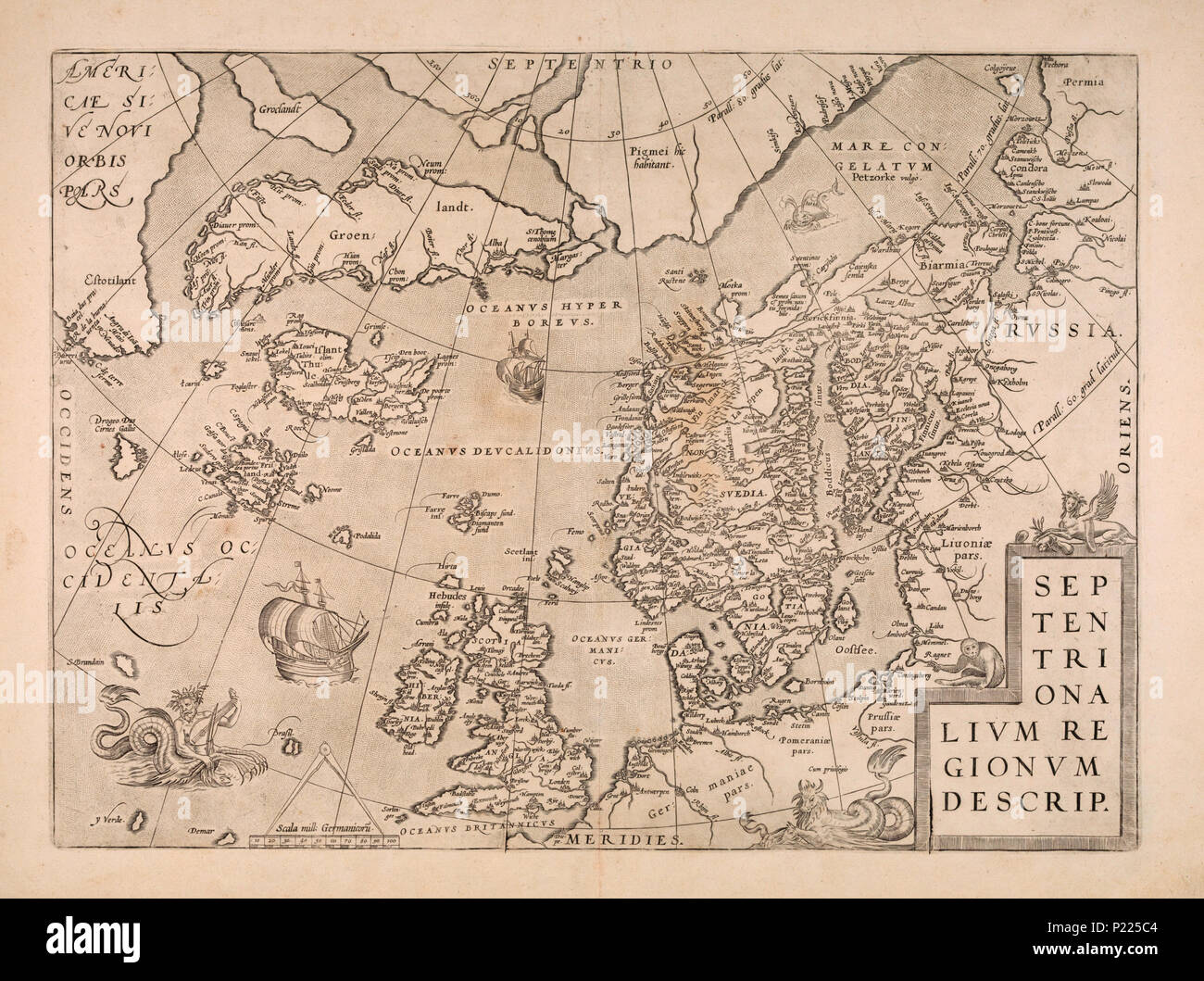 . Norsk Bokmål: Kart fra Nasjonalbibliotekets kartsamling. Er Kartet gitt ut i () og viser Nordområdene, Skandinavien, Norden. Datum unbekannt. Ortelius, Abraham 287 Septentrionalium Regionum Beschreibungen. - Keine - nb krt 00803 Stockfoto