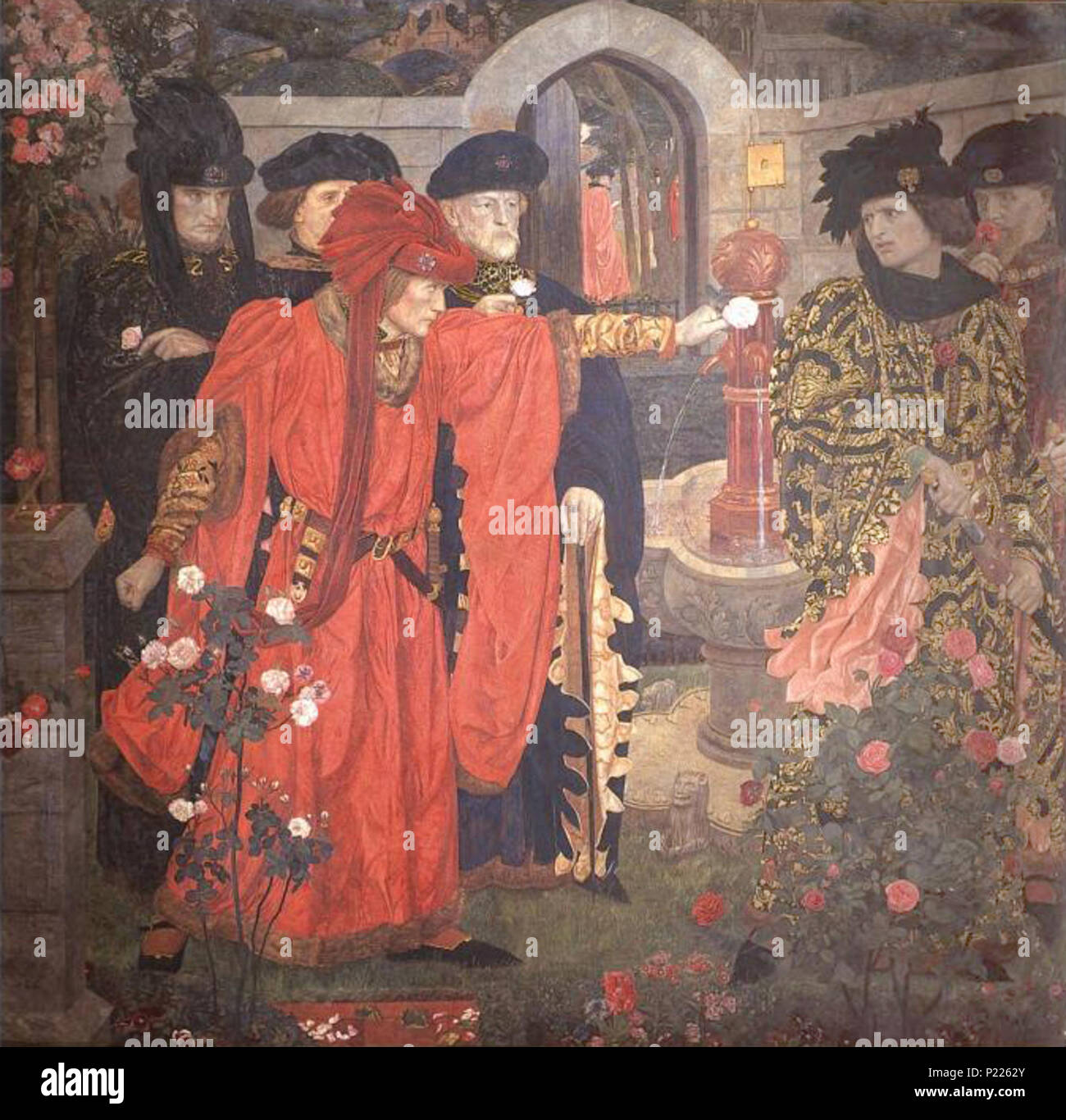 . Zupfen Sie die roten und weißen Rosen im alten Tempel, Gärten. Dies ist ein Foto von dem Wandbild im Osten Korridor der Palast von Westminster installiert,[1] von Earl Beauchamp.[2] Die Malerei präsentiert William Shakespeares Version der Aufspaltung von Adligen in die Fraktionen von York und Lancaster, Funken die Kriege der Rosen im 15. Jahrhundert in England. Richard Plantagenet, 3. Herzog von York und seine Anhänger wählen Sie die weiße Rose, während der Herzog von Somerset und sein einziger Begleiter der Roten nahm. Kopien dieser Malerei wurden auf die englische Gesellschaft zur Verfügung gestellt werden; Sir John Holding hatte eine Kopie, [3 Stockfoto