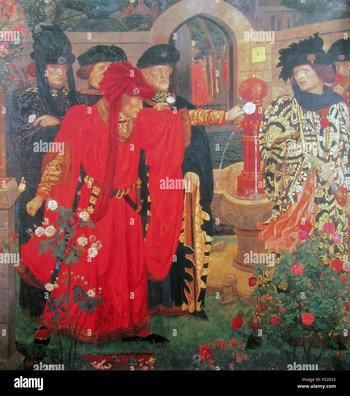 . Zupfen Sie die roten und weißen Rosen im alten Tempel, Gärten. Dies ist ein Foto von dem Wandbild im Osten Korridor der Palast von Westminster installiert,[1] von Earl Beauchamp.[2] Die Malerei präsentiert William Shakespeares Version der Aufspaltung von Adligen in die Fraktionen von York und Lancaster, Funken die Kriege der Rosen im 15. Jahrhundert in England. Richard Plantagenet, 3. Herzog von York und seine Anhänger wählen Sie die weiße Rose, während der Herzog von Somerset und sein einziger Begleiter der Roten nahm. Kopien dieser Malerei wurden auf die englische Gesellschaft zur Verfügung gestellt werden; Sir John Holding hatte eine Kopie, [3 Stockfoto