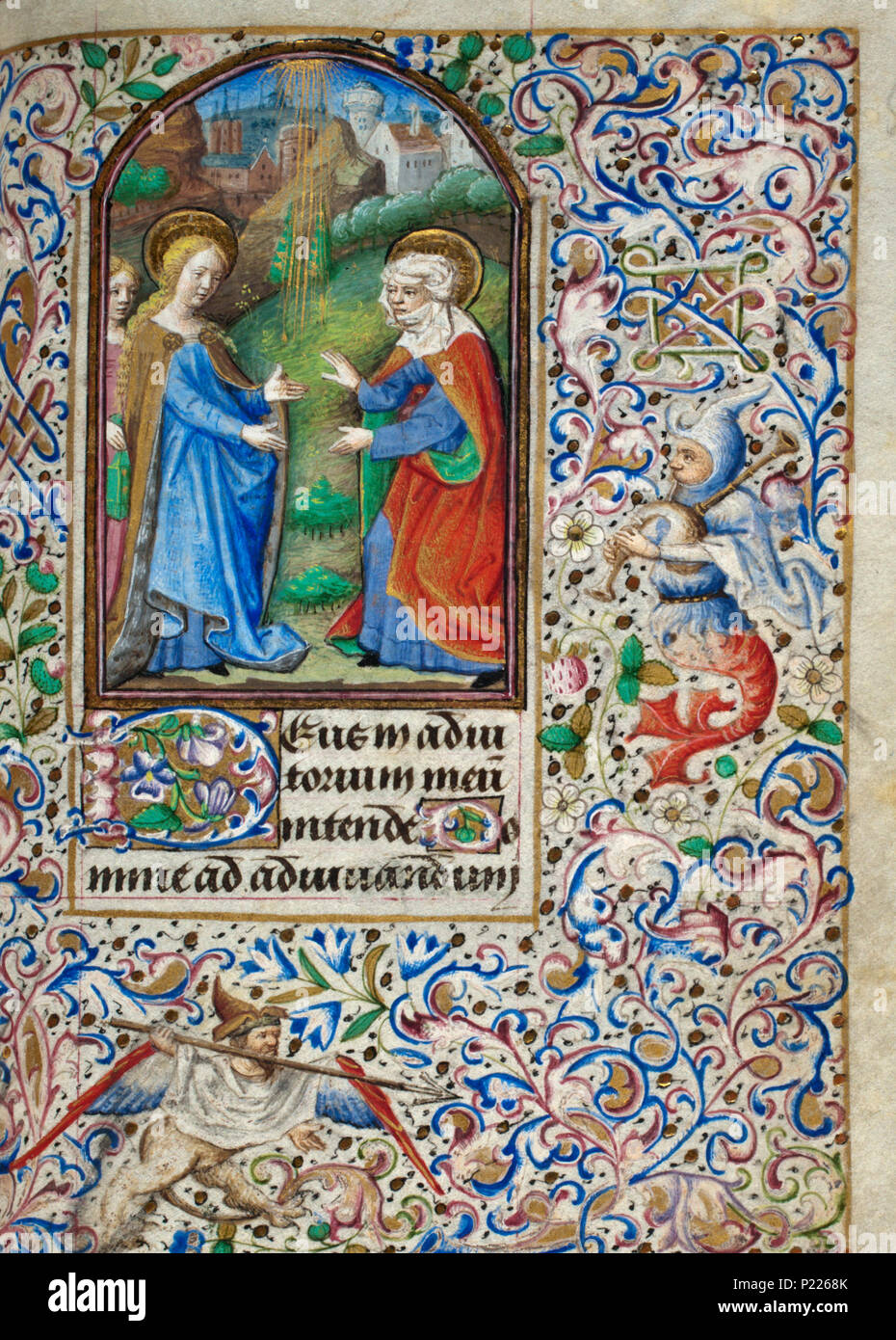 . Folio 053 r aus dem Buch von Simon de Varie-KB 74 G 37. Folio 053 r aus dem Buch von Simon de Varie-KB 74 G 37 Miniatur auf der Folio 053 r Die Visitation - Maria, das von der Magd, die ein Buch begleitet, trifft St. Elisabeth. 1455 34 Buch von Simon de Varie-KB 74 G 37-Folio 053 r Stockfoto