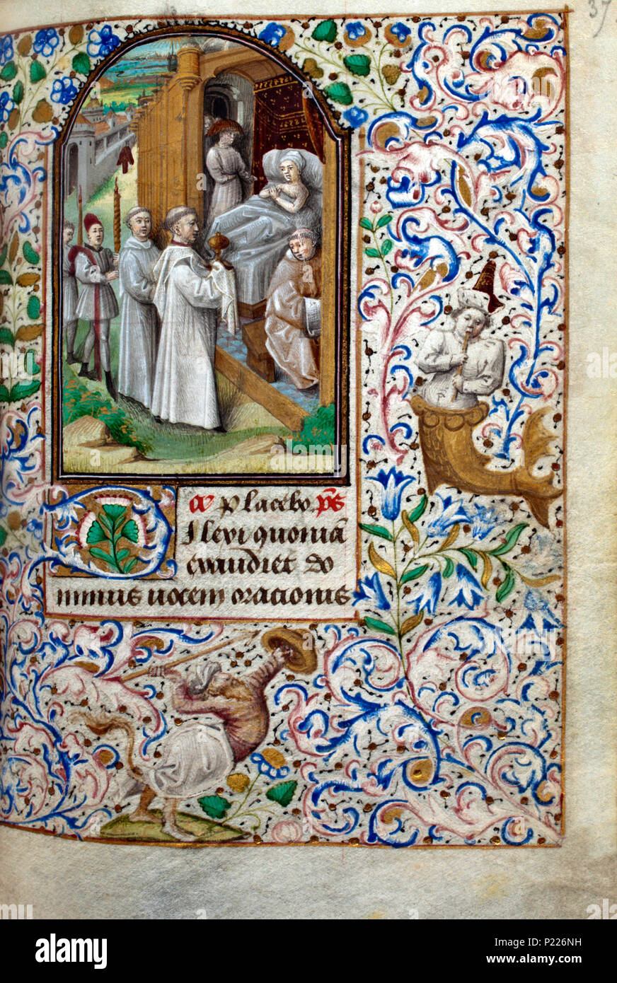 . Folio 037 r aus dem Buch von Simon de Varie-KB74G 37a. Folio 037 r aus dem Buch von Simon de Varie-KB74G 37a Miniatur auf der Folio 037 r ein Priester auf dem Weg zu einem Sterbenden die letzte Ölung zu verwalten. 1455 34 Buch von Simon de Varie-KB 74 G 37 a-Folio 037 r Stockfoto