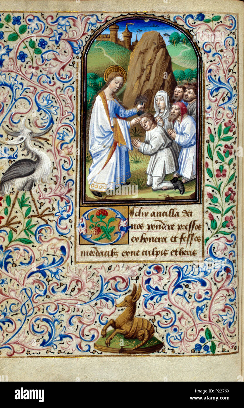 . Folio 015v aus dem Buch von Simon de Varie-KB74G 37a. Folio 015v aus dem Buch von Simon de Varie-KB74G 37a Miniatur auf der Folio 015v St. Genevieve Paris Salbung der Gläubigen. 1455 34 Buch von Simon de Varie-KB 74 G 37 a-Folio 015v Stockfoto