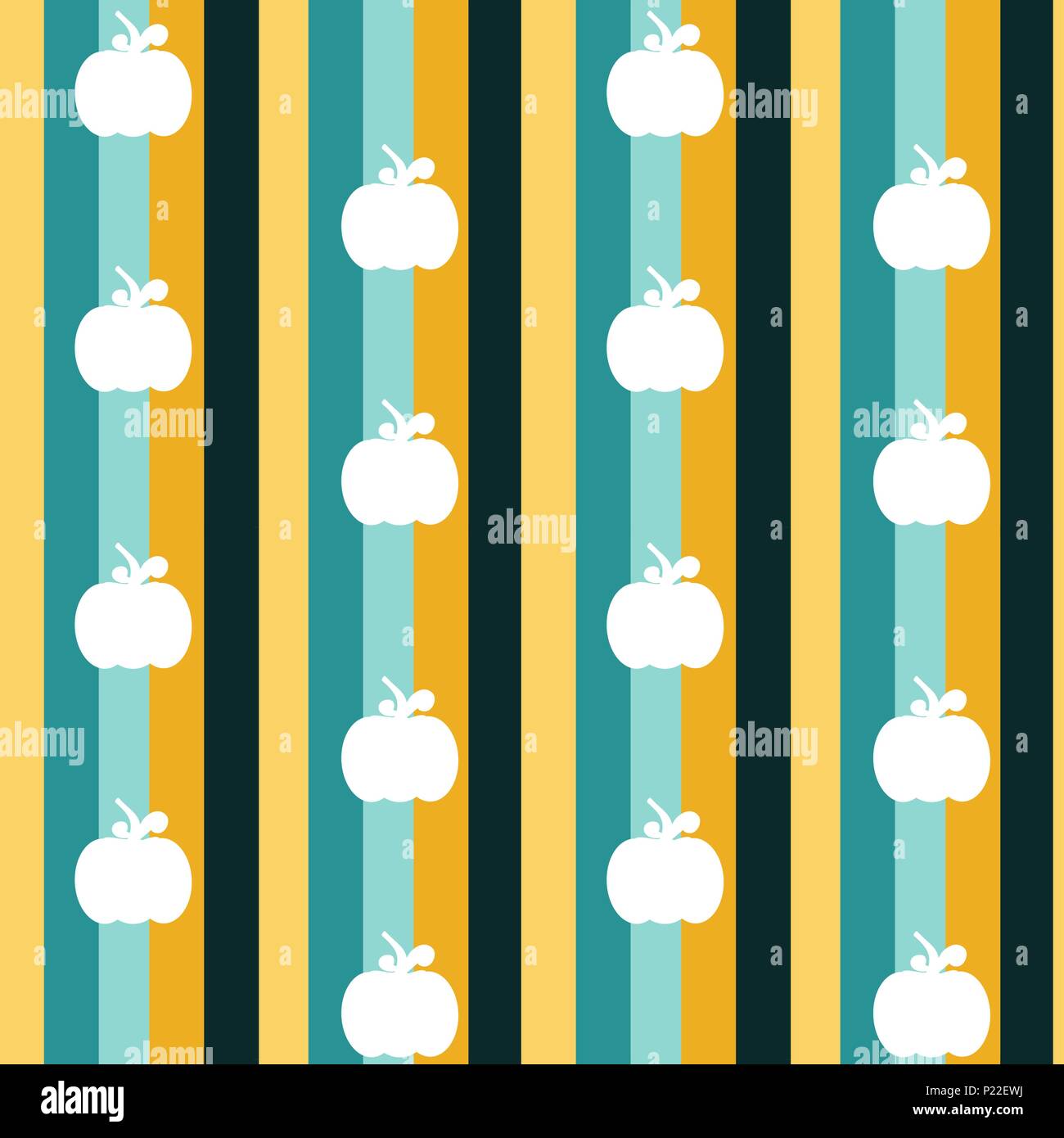 Die nahtlose Vektor Muster Hintergrund Abbildung mit farbigen vertikalen Streifen und weissen Kürbisse Silhouette Stock Vektor