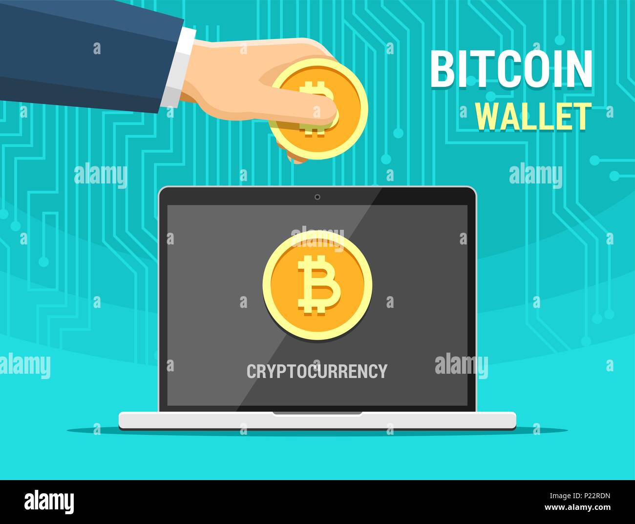 Hand Bitcoin Und Laptop Vektor Flachbild Abbildung Die - 