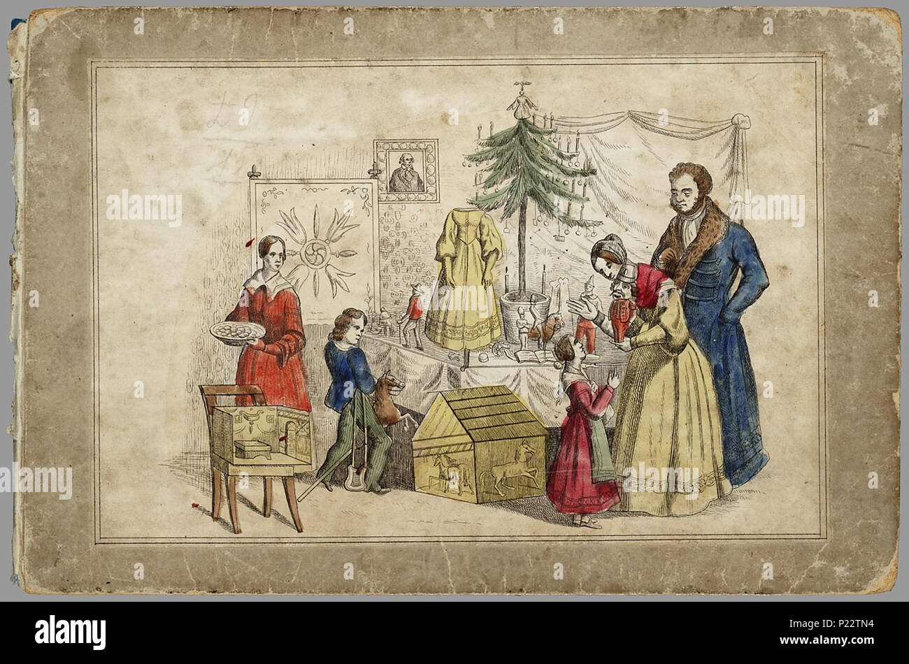 . Notenkraker-Muizenkoning: een aardig Lieve sprookje voor Kinderen van/naar het Hoogduitsch E.T.A. Hoffmann. Länglich prentenboek met paginagrote handgekleurde gravures naast's pagina met Text. Marie krijgt met Kerstmis een notenkraker Cadeau. Ze droomt dat er een gevecht ontstaat tussen de notenkraker en de muizenkonIngekleurd De notenkraker ist eigenlijk een Jongen betoverde Sterben über een speelgoedwinkel terecht bij Marie ist Gekomen. In de droom bezoeken ze een luilekkerland. 11 S., 8 Bl. pl: handgekleurde gravures//De keerzijde der illustraties ist onbedrukt//Auteursnaam op titelblad ab Stockfoto