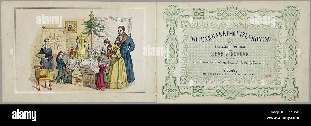 . Notenkraker-Muizenkoning: een aardig Lieve sprookje voor Kinderen van/naar het Hoogduitsch E.T.A. Hoffmann. Länglich prentenboek met paginagrote handgekleurde gravures naast's pagina met Text. Marie krijgt met Kerstmis een notenkraker Cadeau. Ze droomt dat er een gevecht ontstaat tussen de notenkraker en de muizenkonIngekleurd De notenkraker ist eigenlijk een Jongen betoverde Sterben über een speelgoedwinkel terecht bij Marie ist Gekomen. In de droom bezoeken ze een luilekkerland. 11 S., 8 Bl. pl: handgekleurde gravures//De keerzijde der illustraties ist onbedrukt//Auteursnaam op titelblad ab Stockfoto